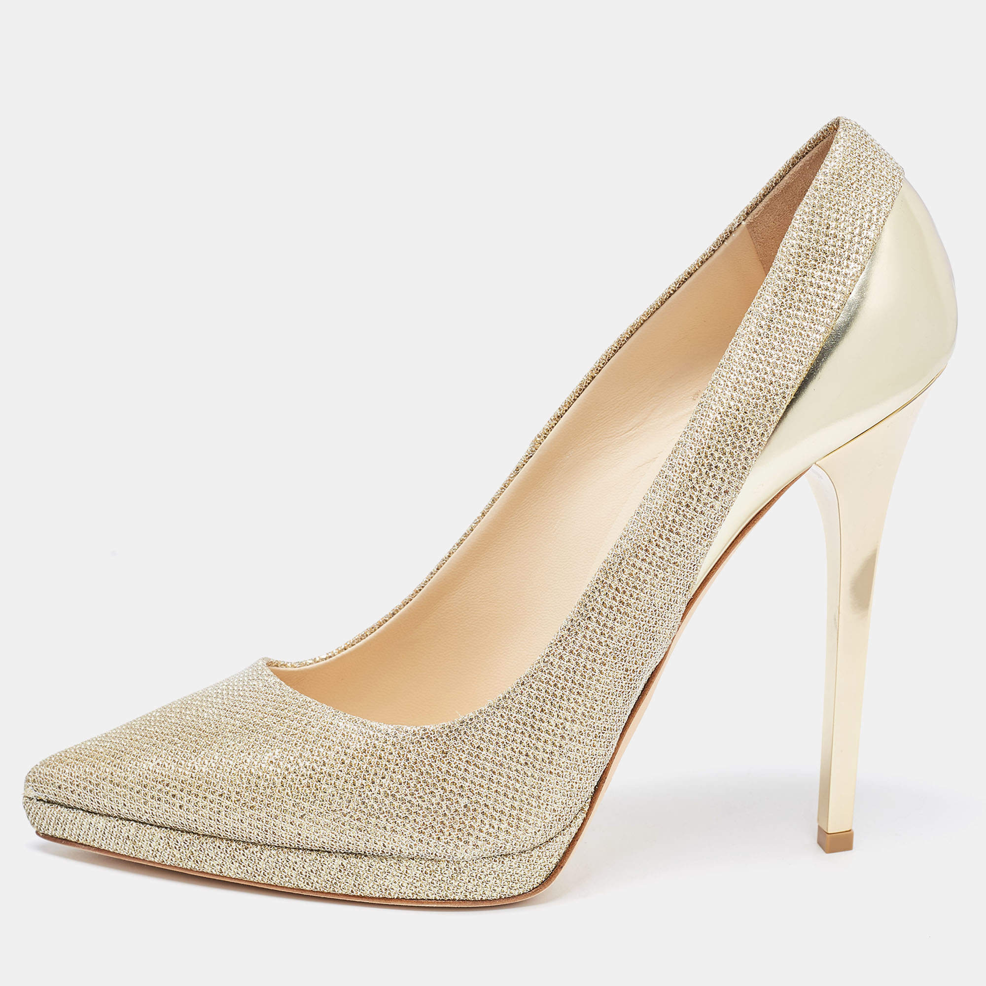 Pre Owned Jimmy Choo Gold Glitter Fabric and Leather Pointed Toe Pumps Size 41