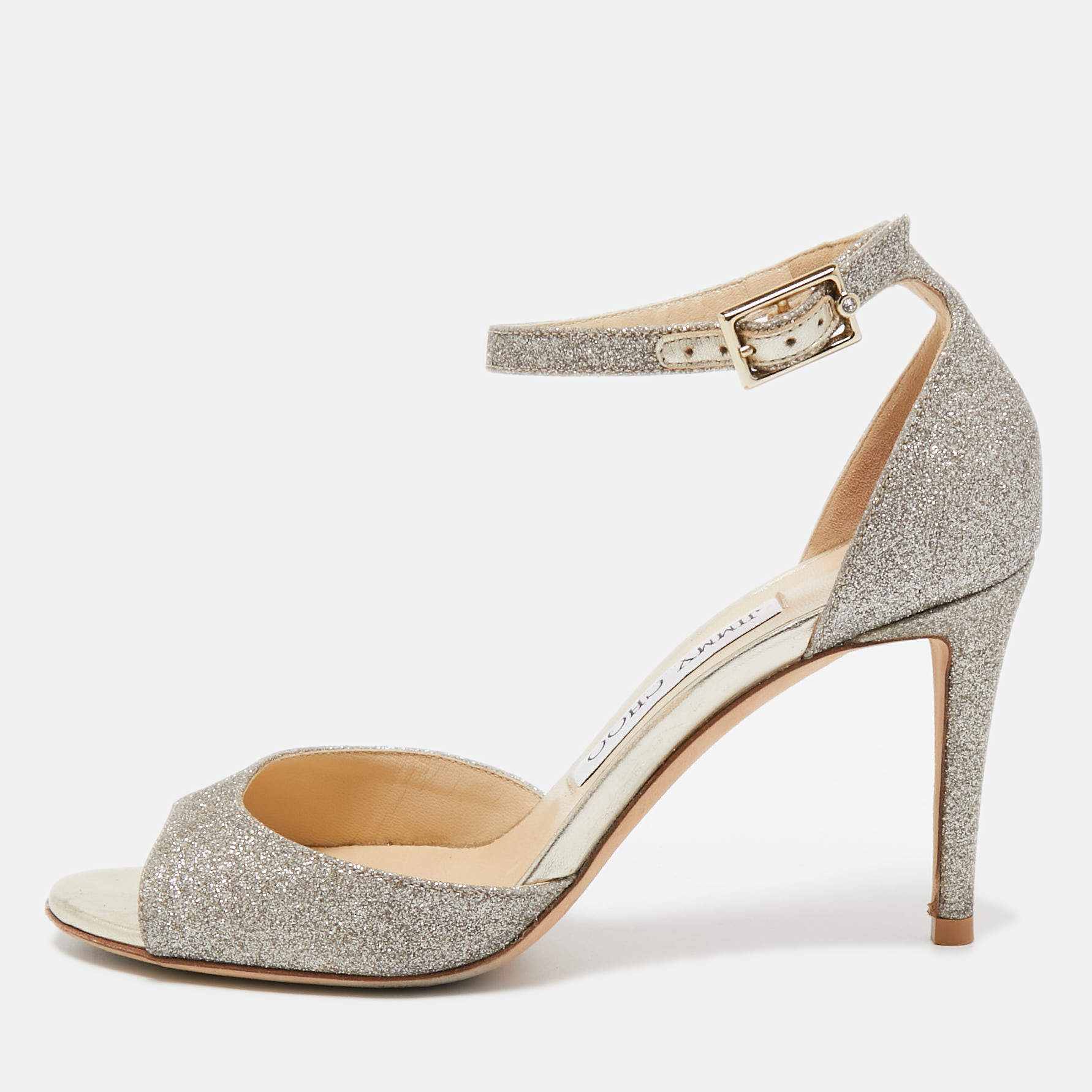 Pre Owned Jimmy Choo Gold Glitter Annie Ankle Strap Sandals Size 35.5