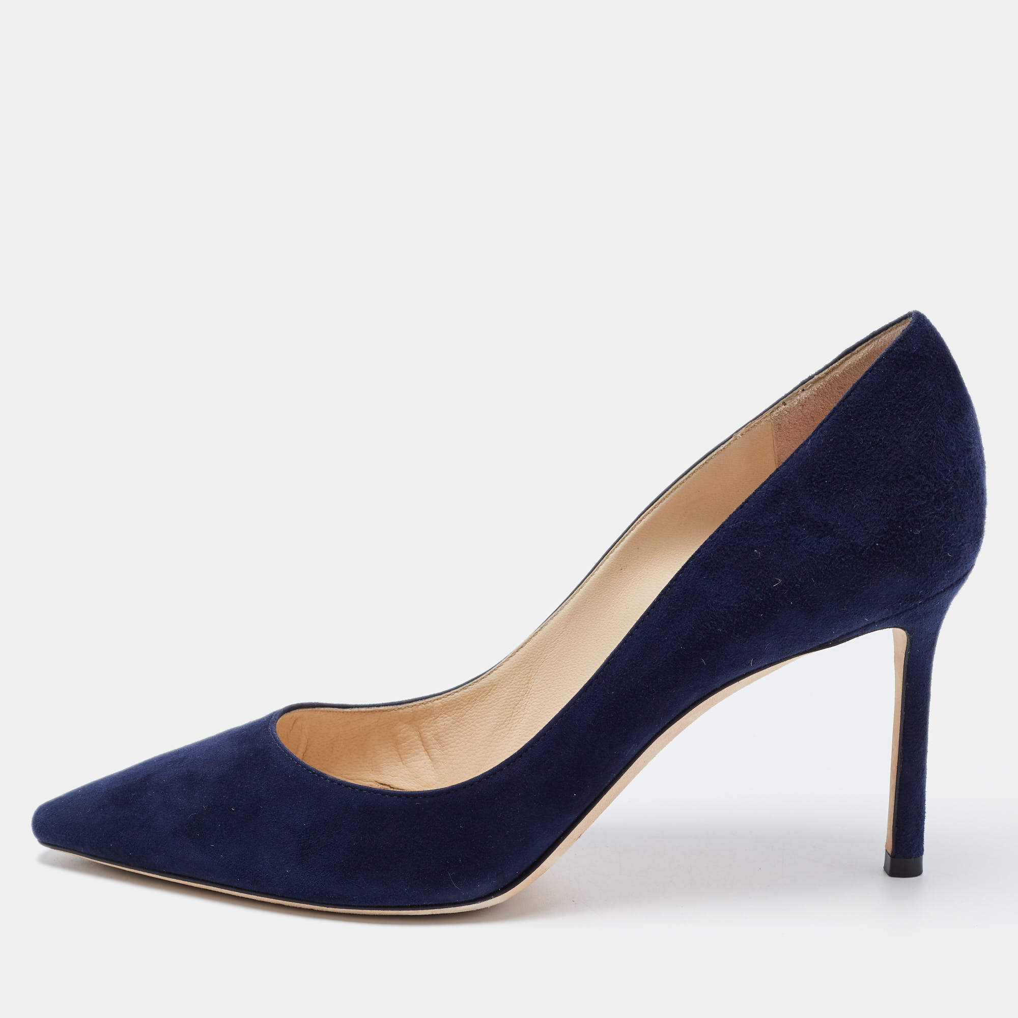 Pre Owned Jimmy Choo Navy Blue Suede Romy Pointed Toe Pumps Size 38.5