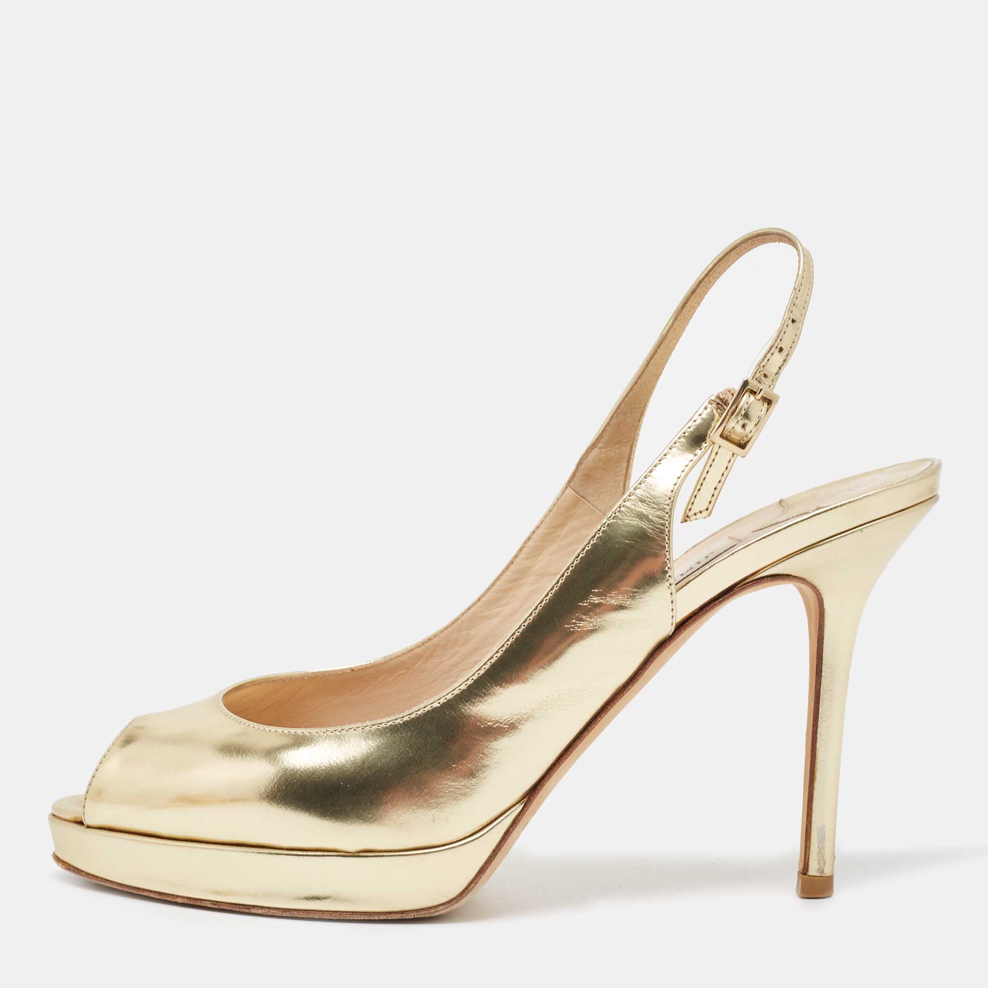 Pre Owned Jimmy Choo Gold Leather Nova Slingback Peep Toe Pumps Size 37.5