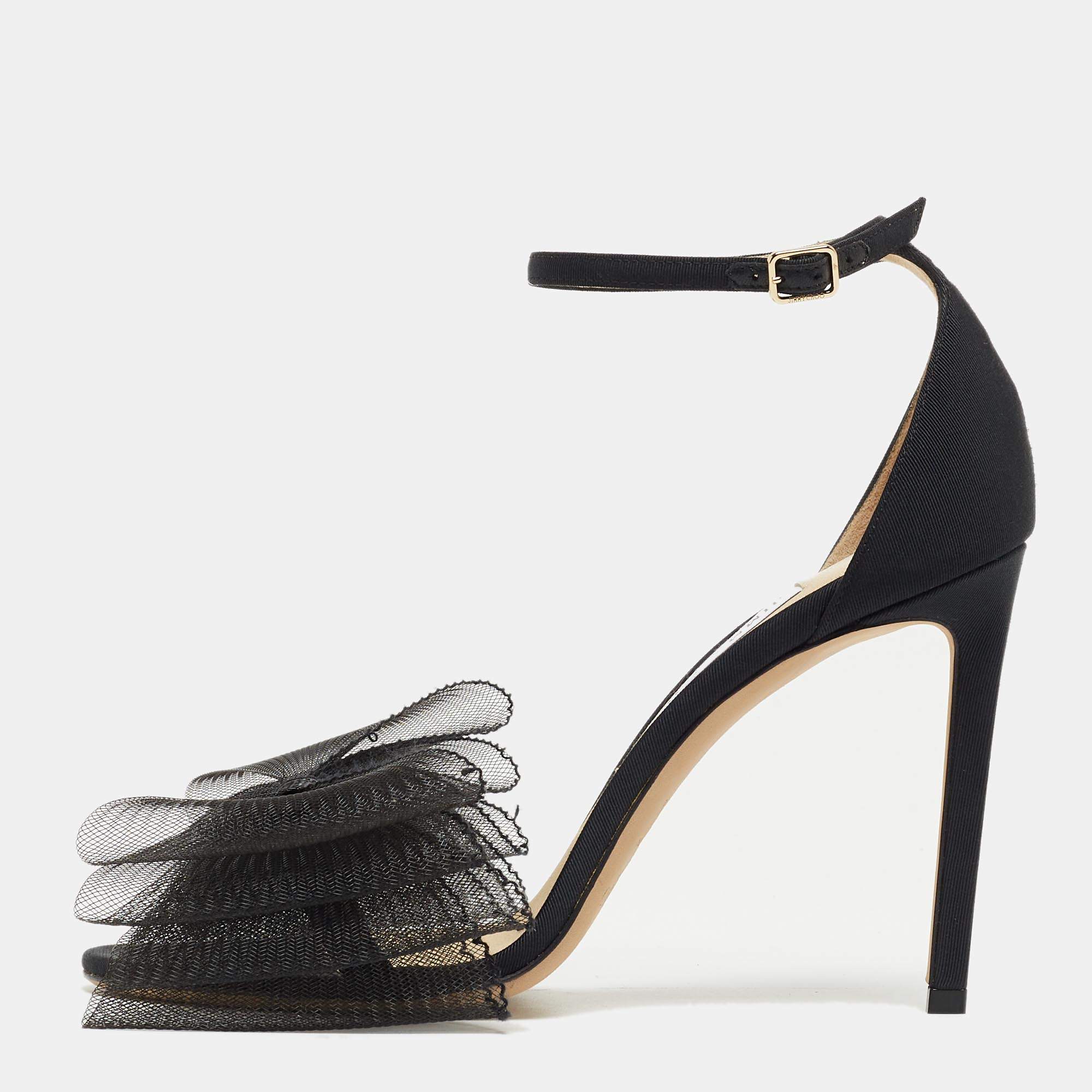 Jimmy Choo Black Fabric and Mesh Aveline Ankle Strap Sandals Size 38.5 