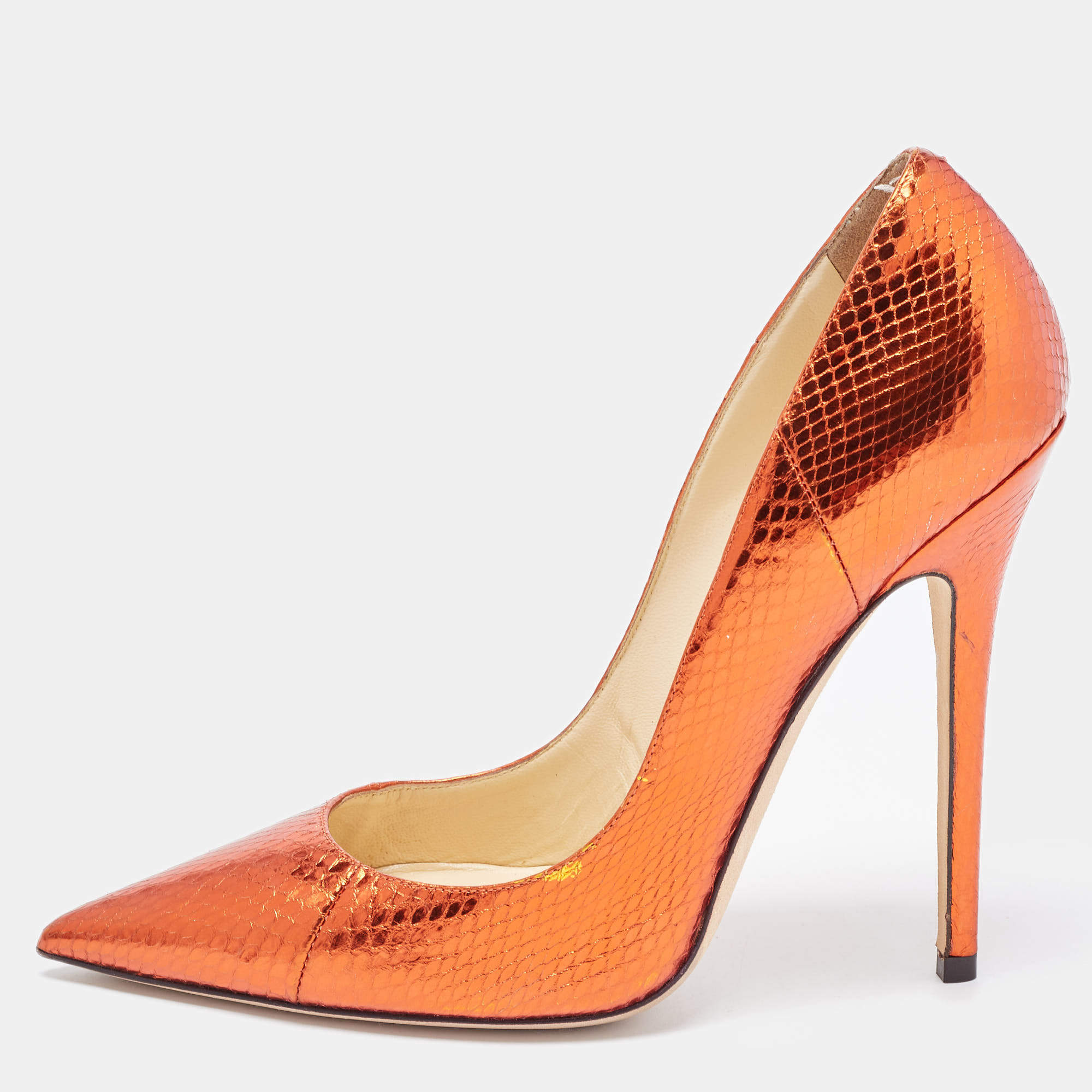 Pre Owned Jimmy Choo Metallic Brown Python Embossed Romy Pointed Toe Pumps Size 39