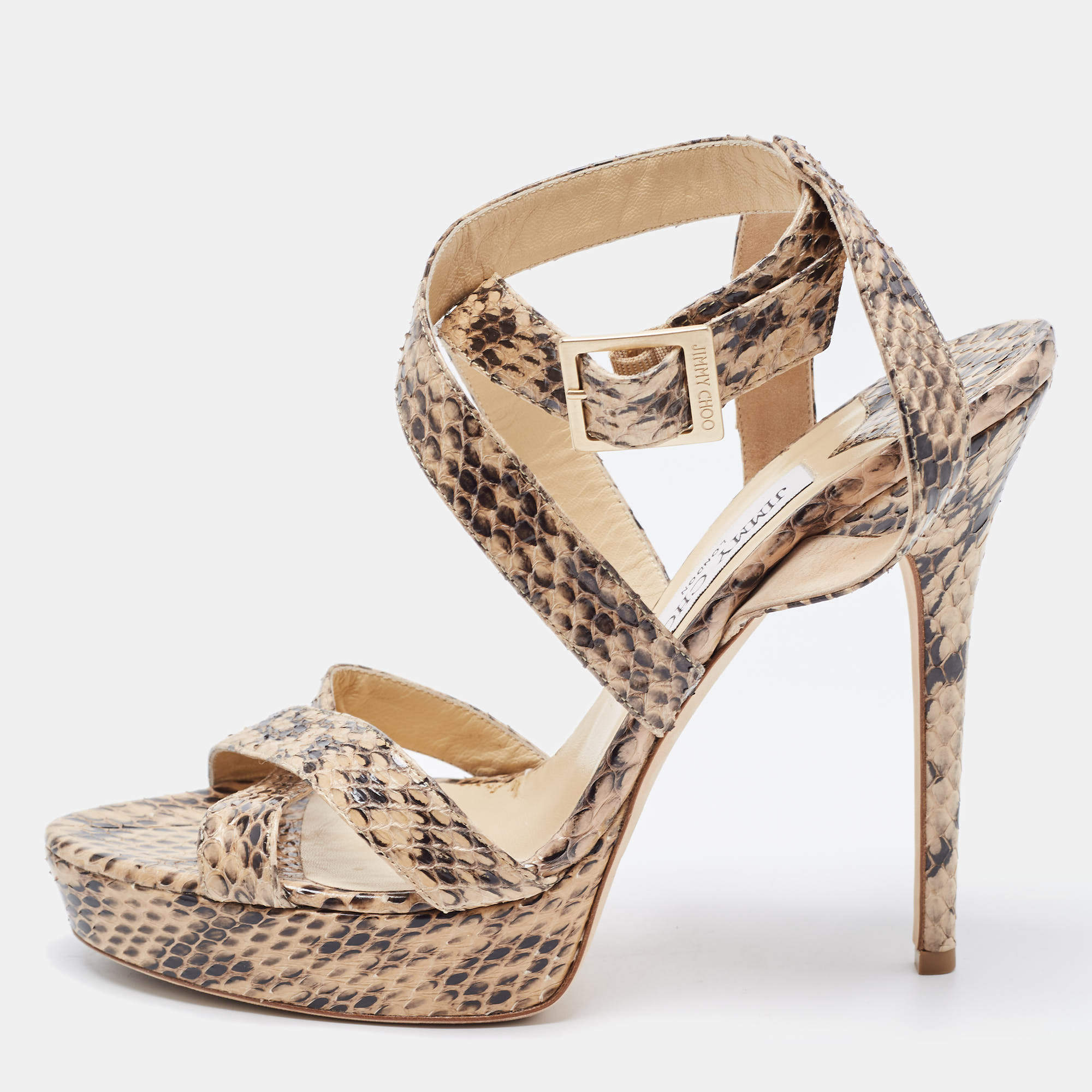 Pre Owned Jimmy Choo Beige/Black Watersnake Leather Vamp Sandals Size 39.5