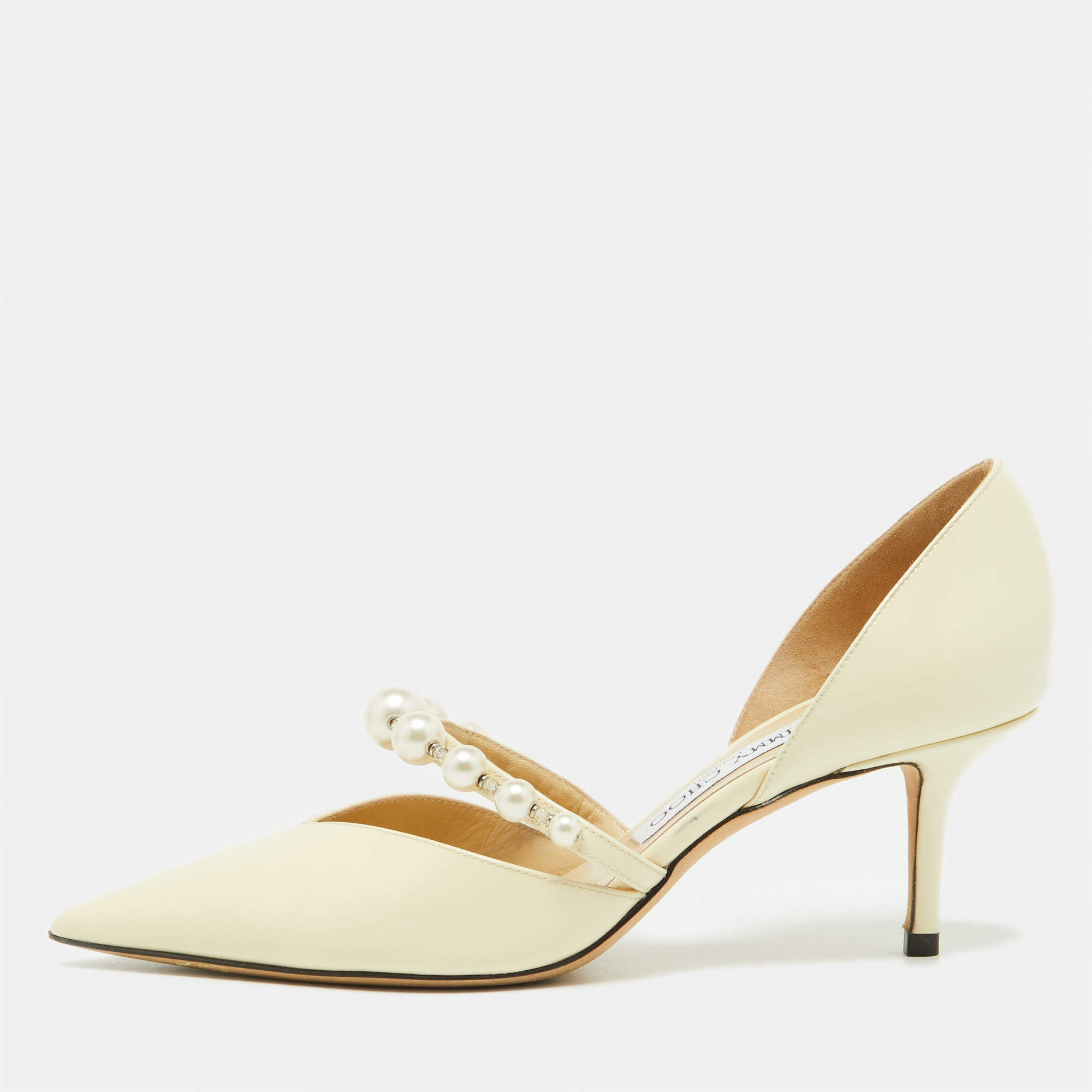 مملوكة مسبقًا Jimmy Choo Beige Patent Leather Aurelie 85 Pumps Size 36.5