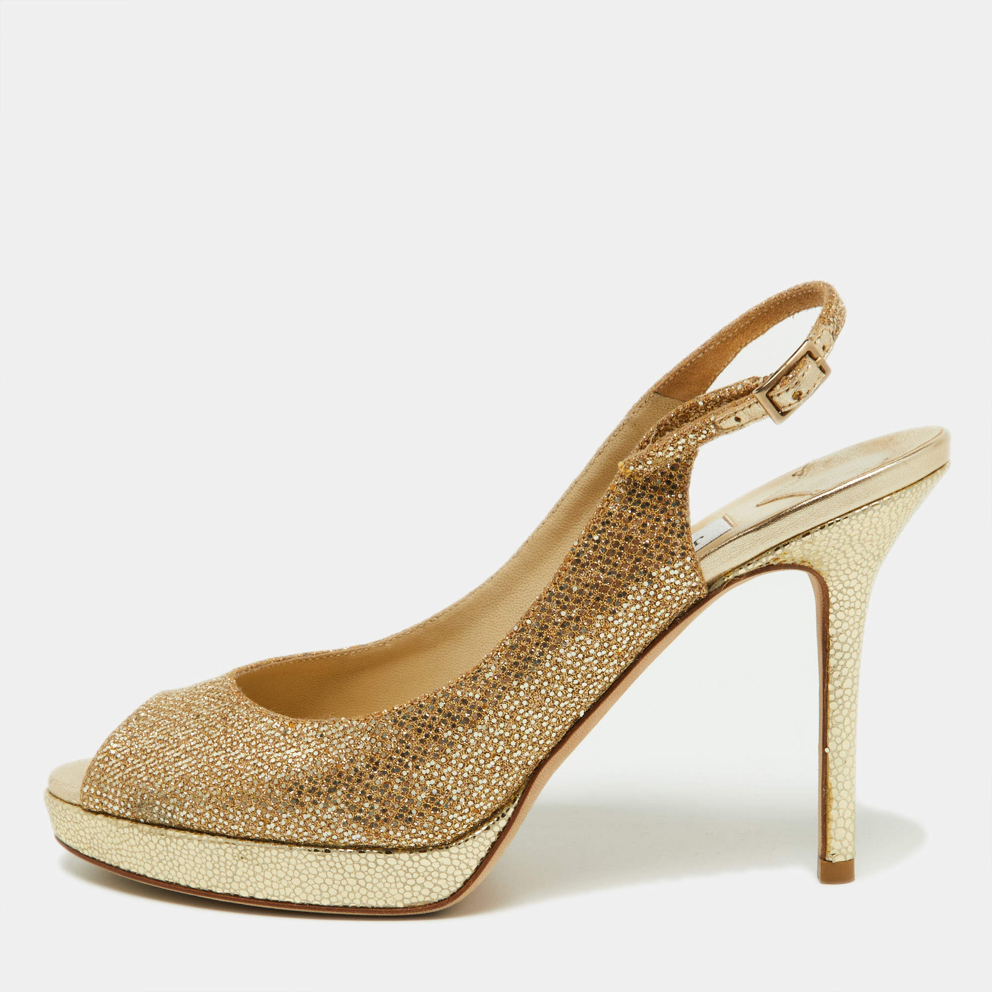 مملوكة مسبقًا Jimmy Choo Gold Glitter and Leather Slingback Sandals Size 37.5
