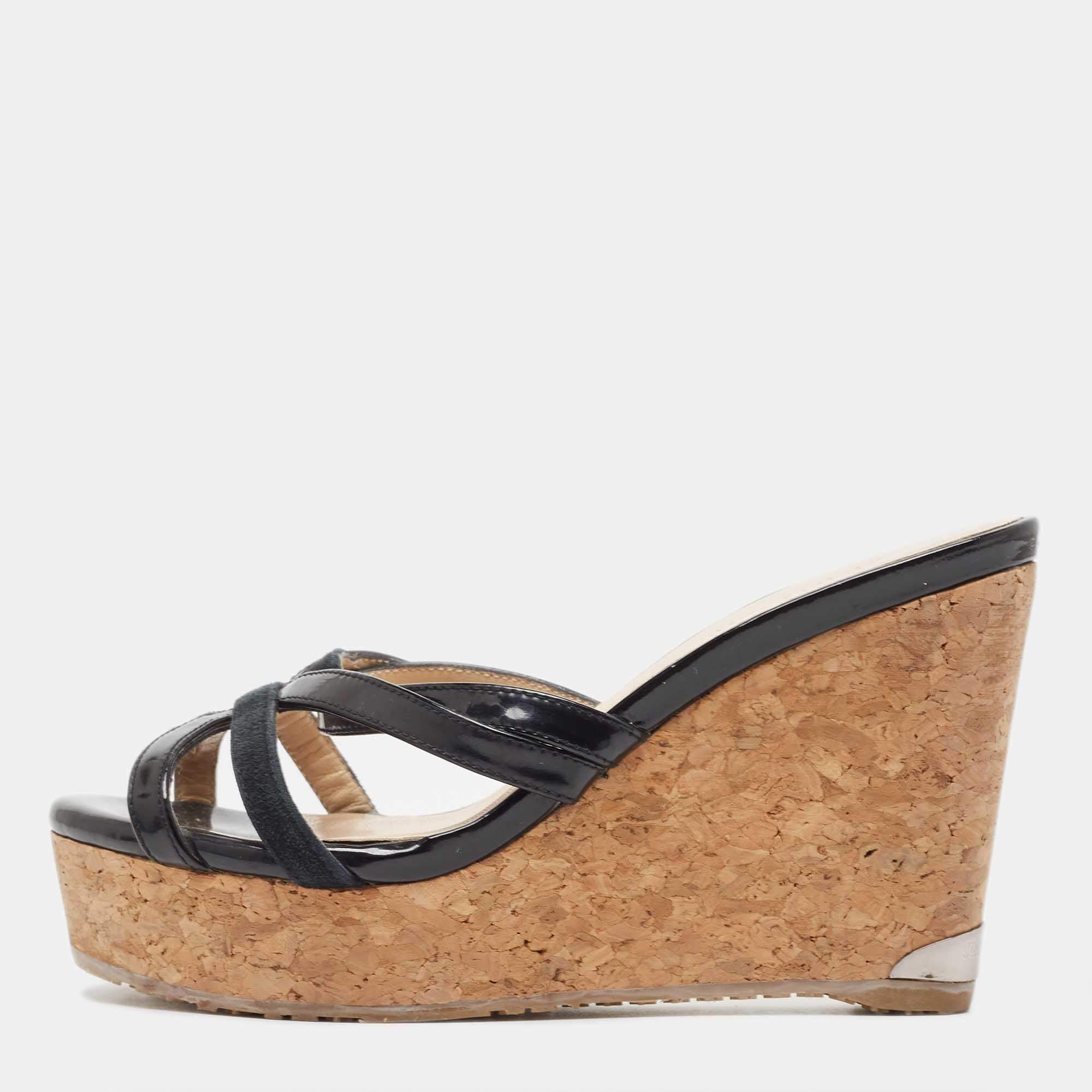 Jimmy Choo Black Leather and Suede Strappy Cork Wedge Slide Sandals Size 35.5