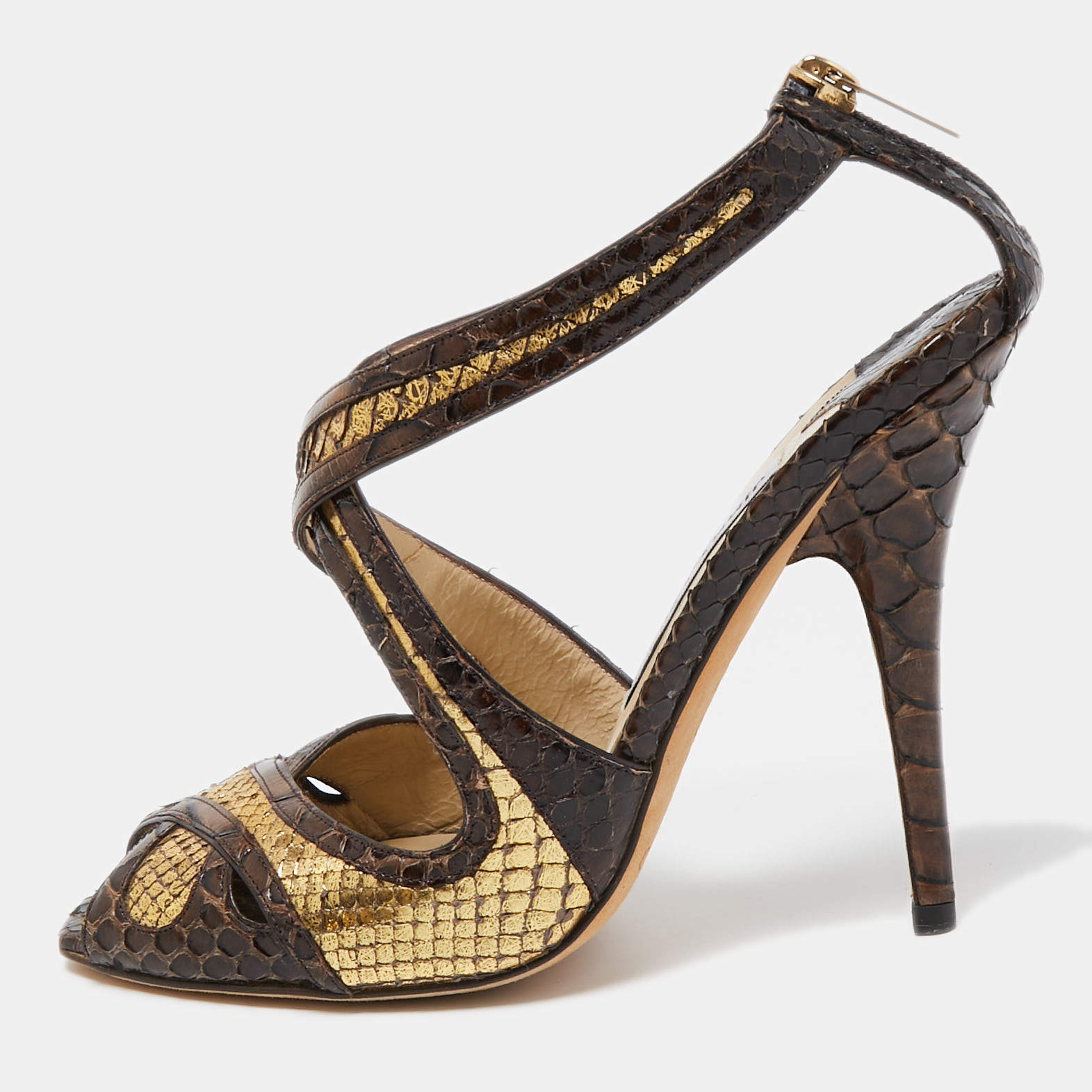 サンダル・ミュール Jimmy Choo Peep-Toe Brown Sandals With Crisscross Straps And Jimmy Choo Peep-Toe Brown With Crisscross Straps And