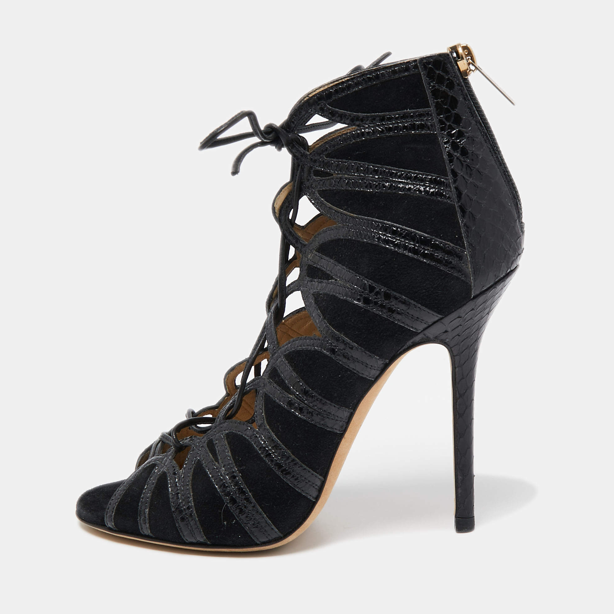 Jimmy Choo Black Python and Suede Lace Up Pumps 37