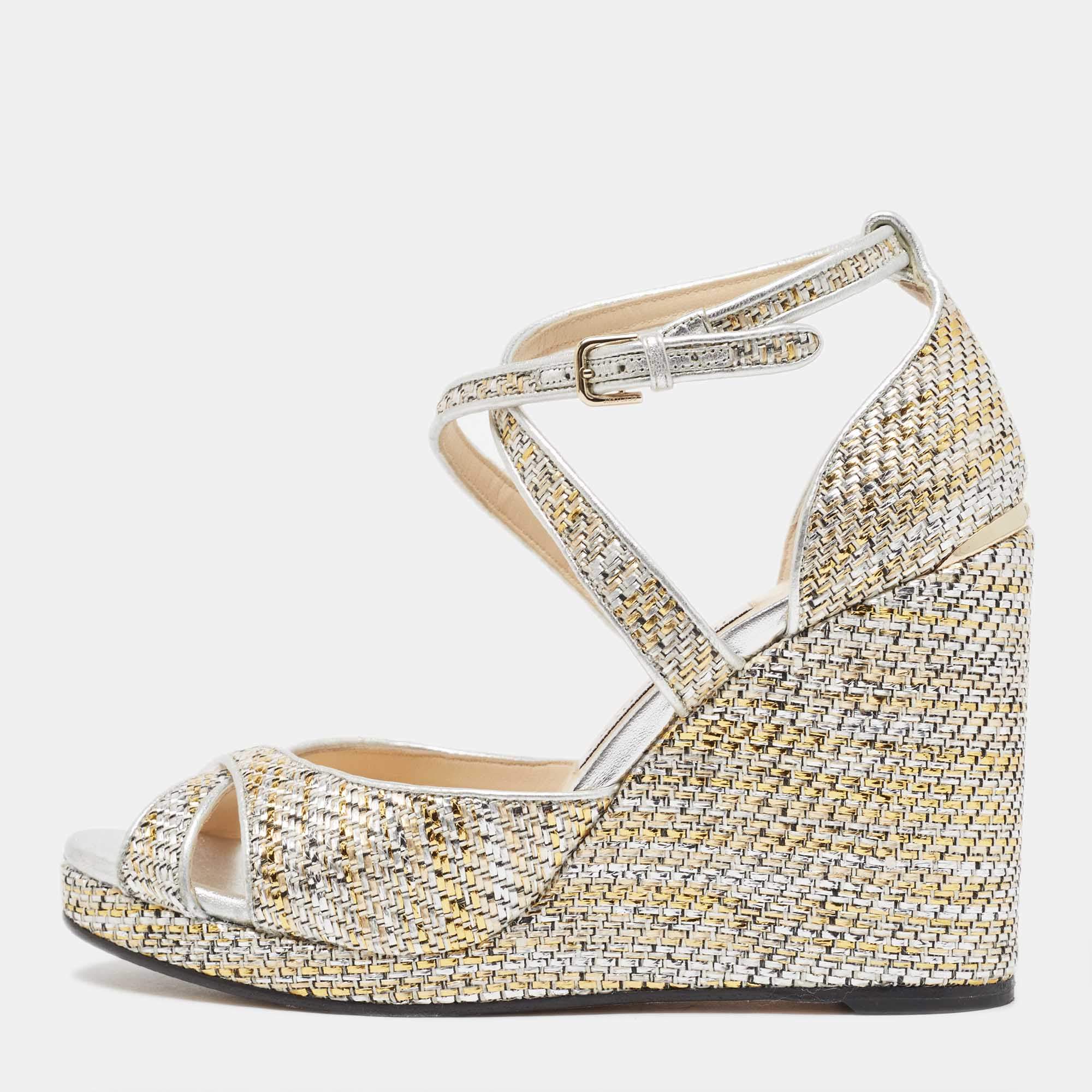 مملوكة مسبقًا Jimmy Choo Multicolor Leather and Woven Wedge Ankle Strap Sandals Size 40