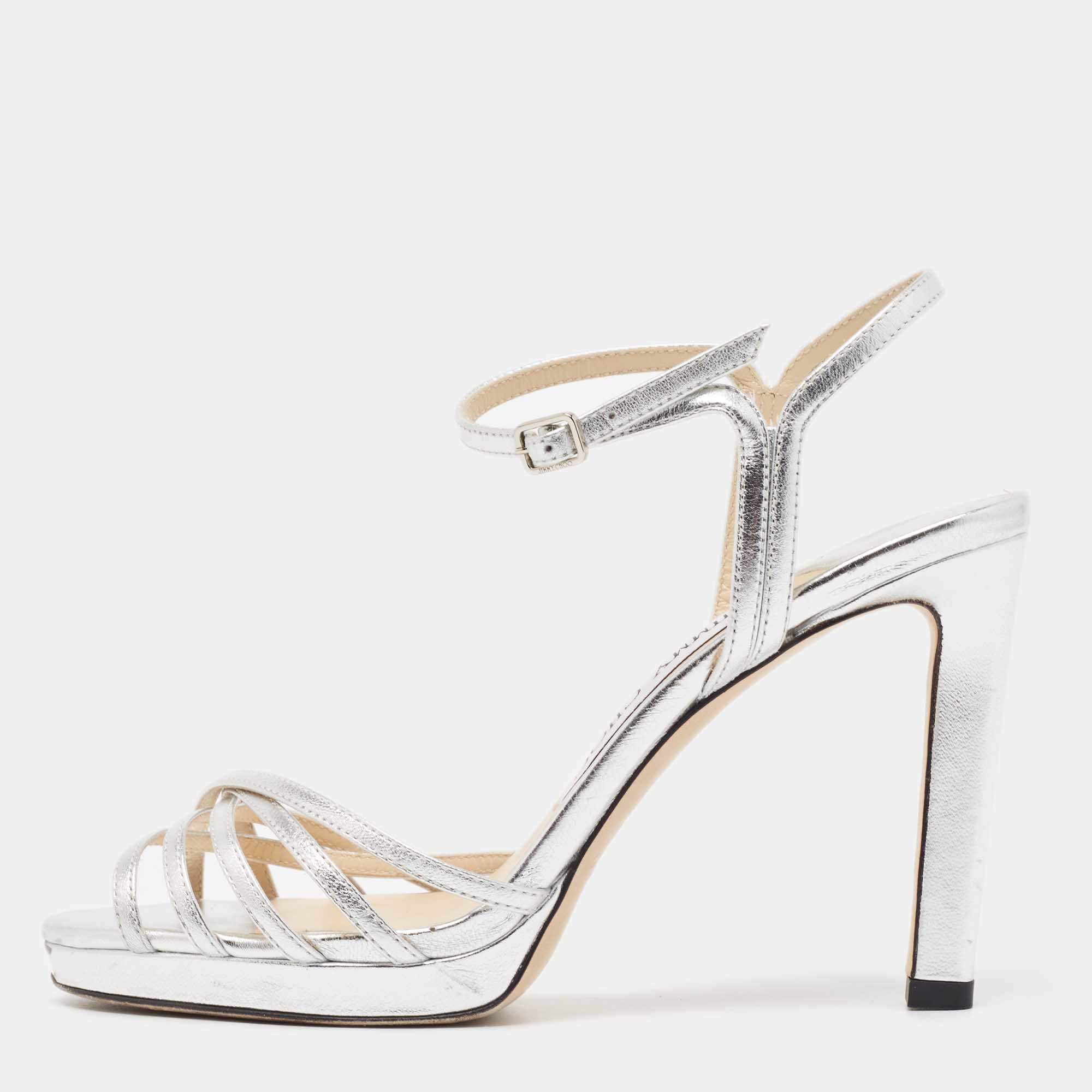 Pre Owned Jimmy Choo Silver Leather Lilah Ankle Strap Sandals Size 35.5