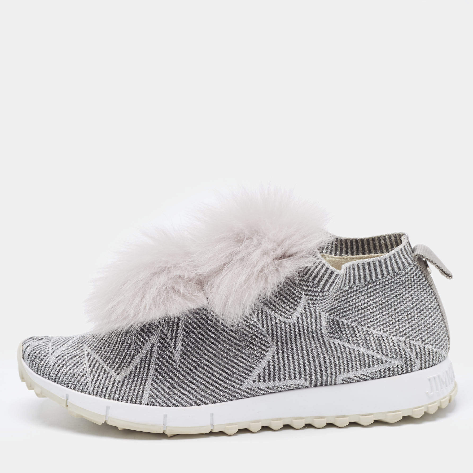 Jimmy Choo Grey Stretch Fabric  Fur Embellished High Top Sneakers Size 41