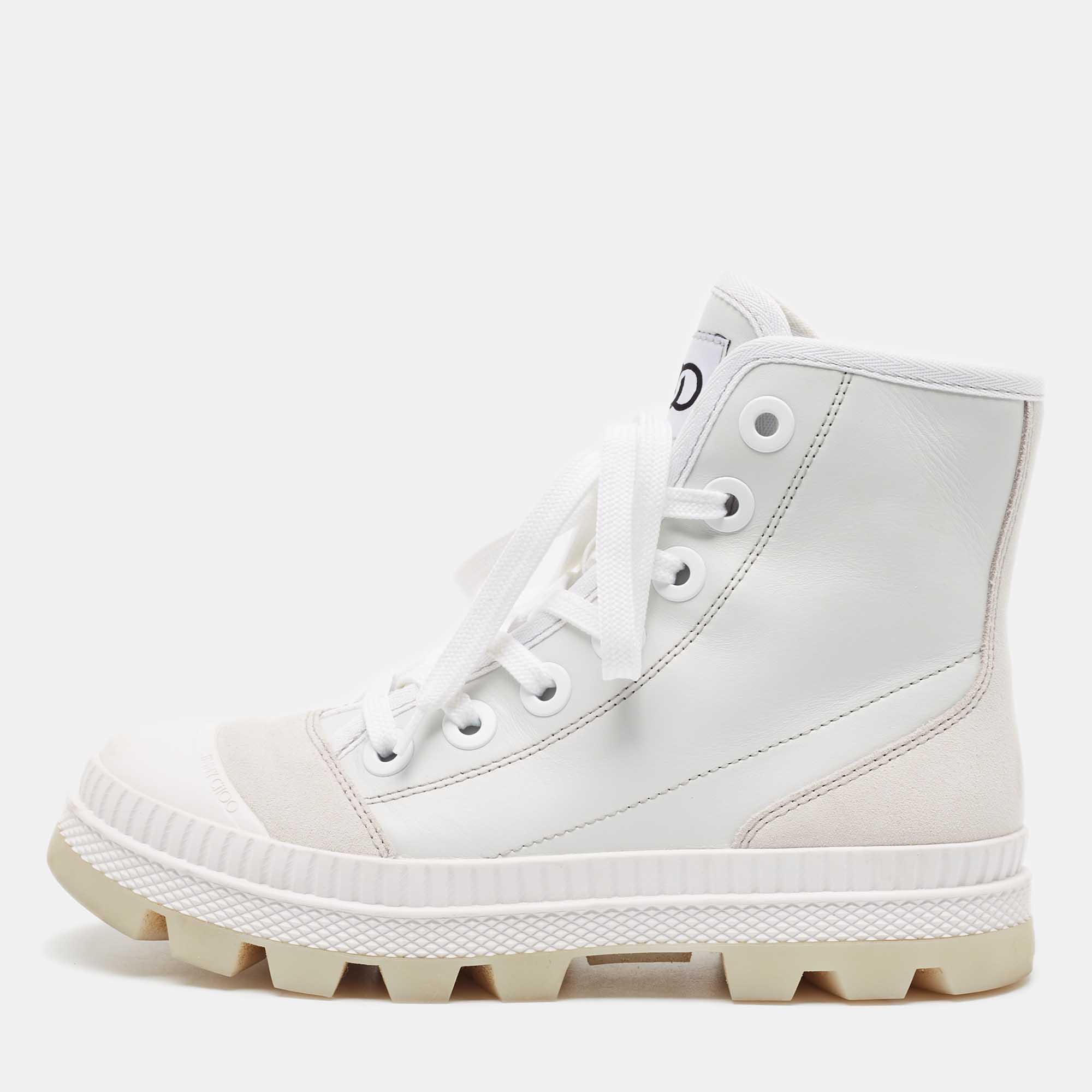 Pre Owned Jimmy Choo White/Grey Suede and Leather High Top Sneakers Size 37.5