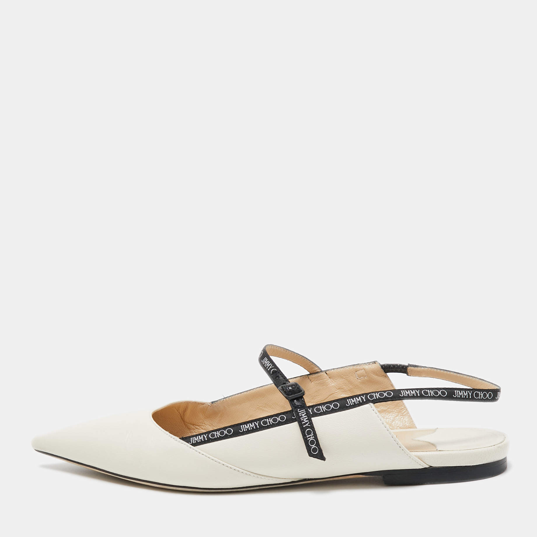 Pre Owned Jimmy Choo White/Black Leather Ray Slingback Flats Size 36