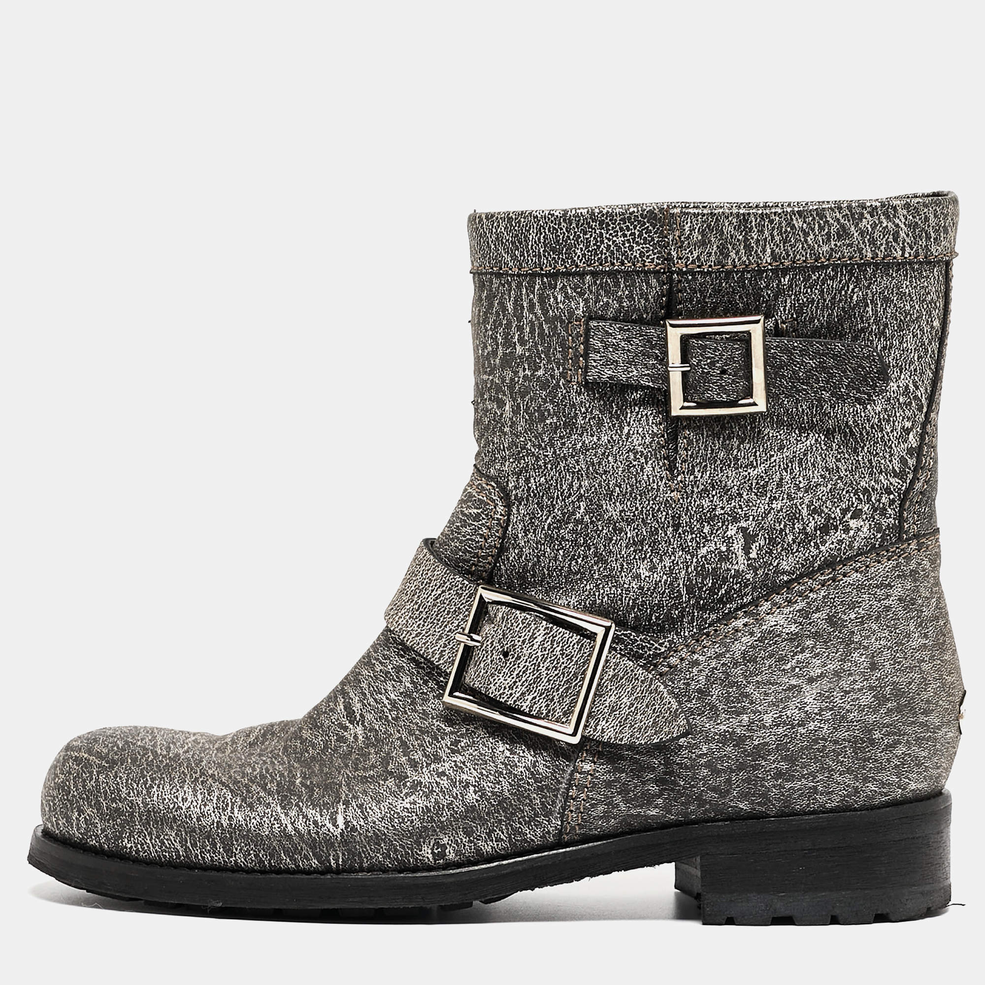 Pre Owned Jimmy Choo Grey Textured Leather Buckle Detail Ankle Boots Size 38