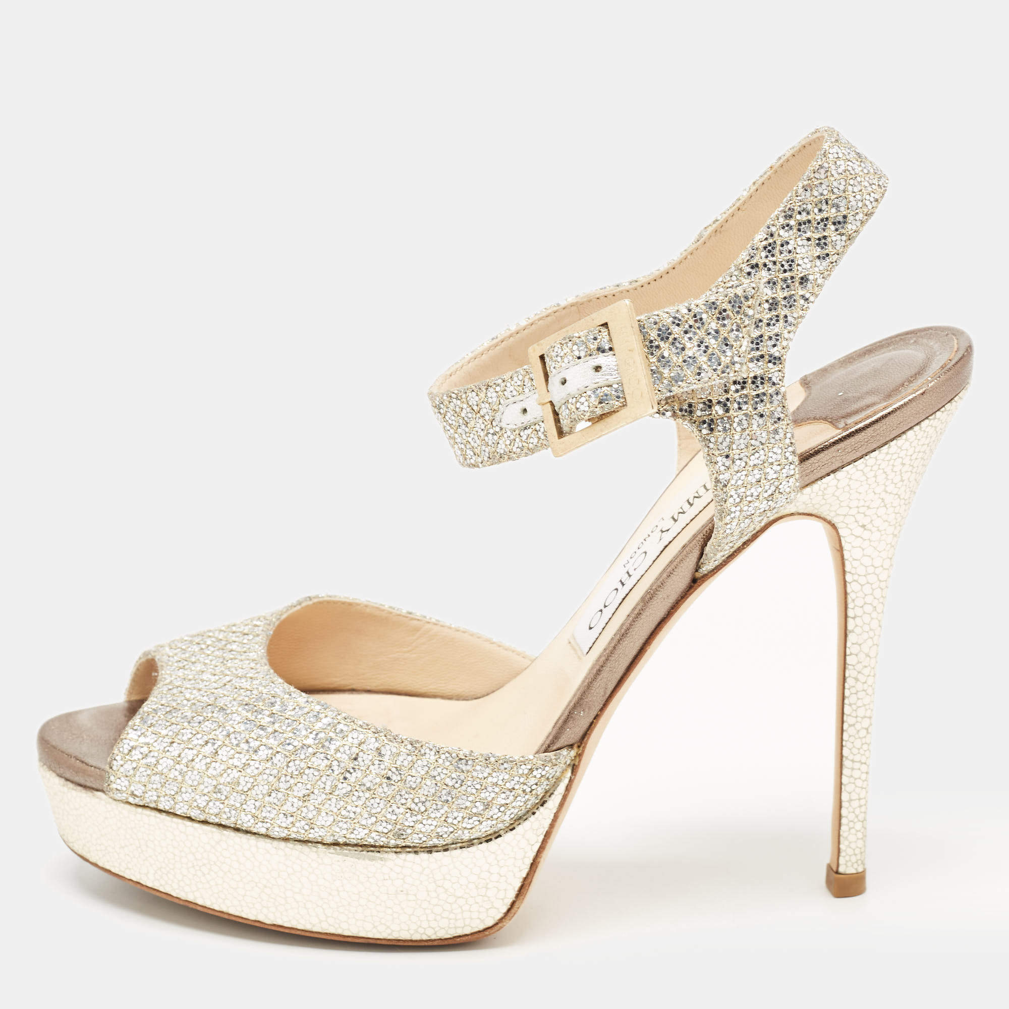 Pre Owned Jimmy Choo Silver/Gold Glitter and Leather Platform Ankle Strap Sandals Size 38.5