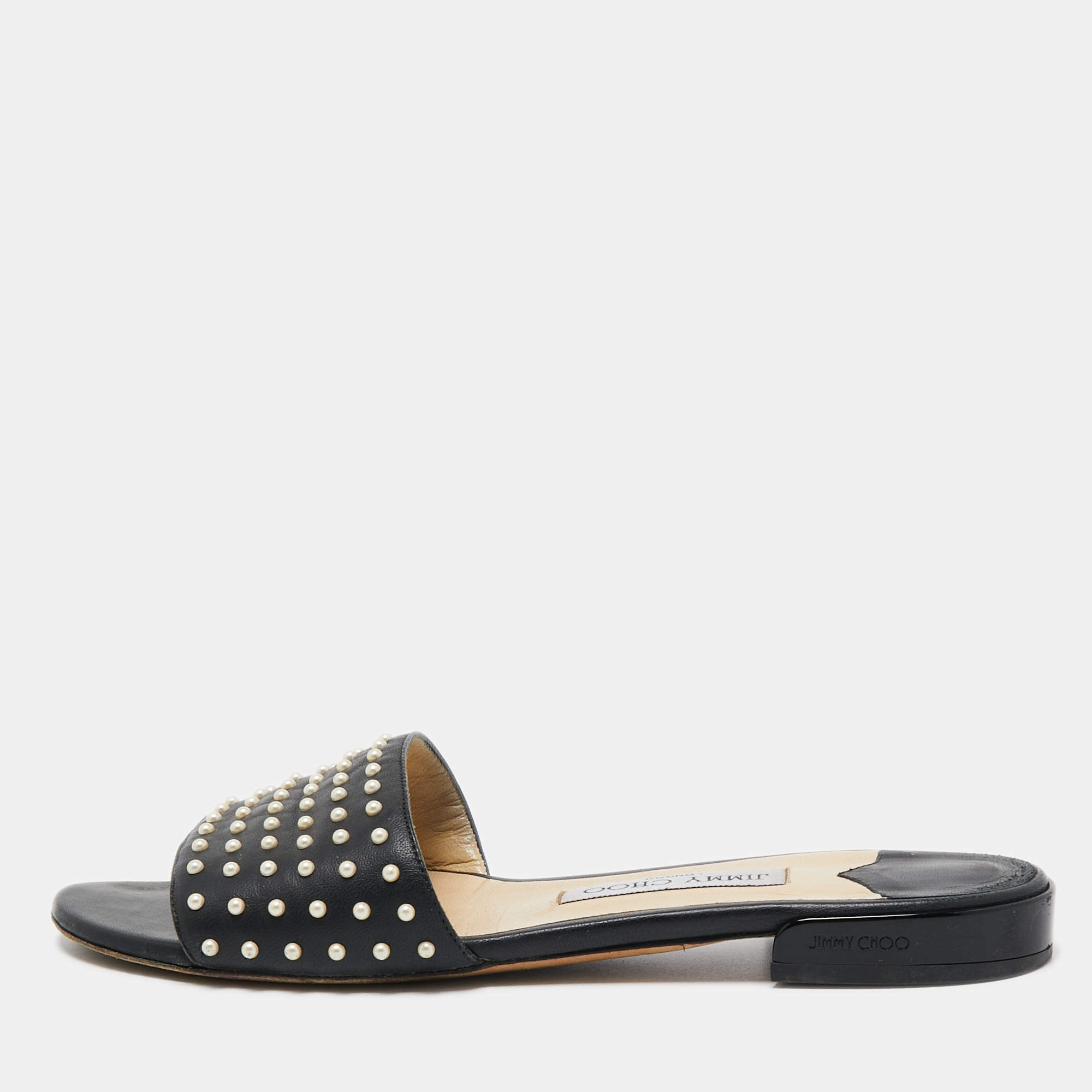 Pre Owned Jimmy Choo Black Leather Embellished Flat Slides Size 38.5