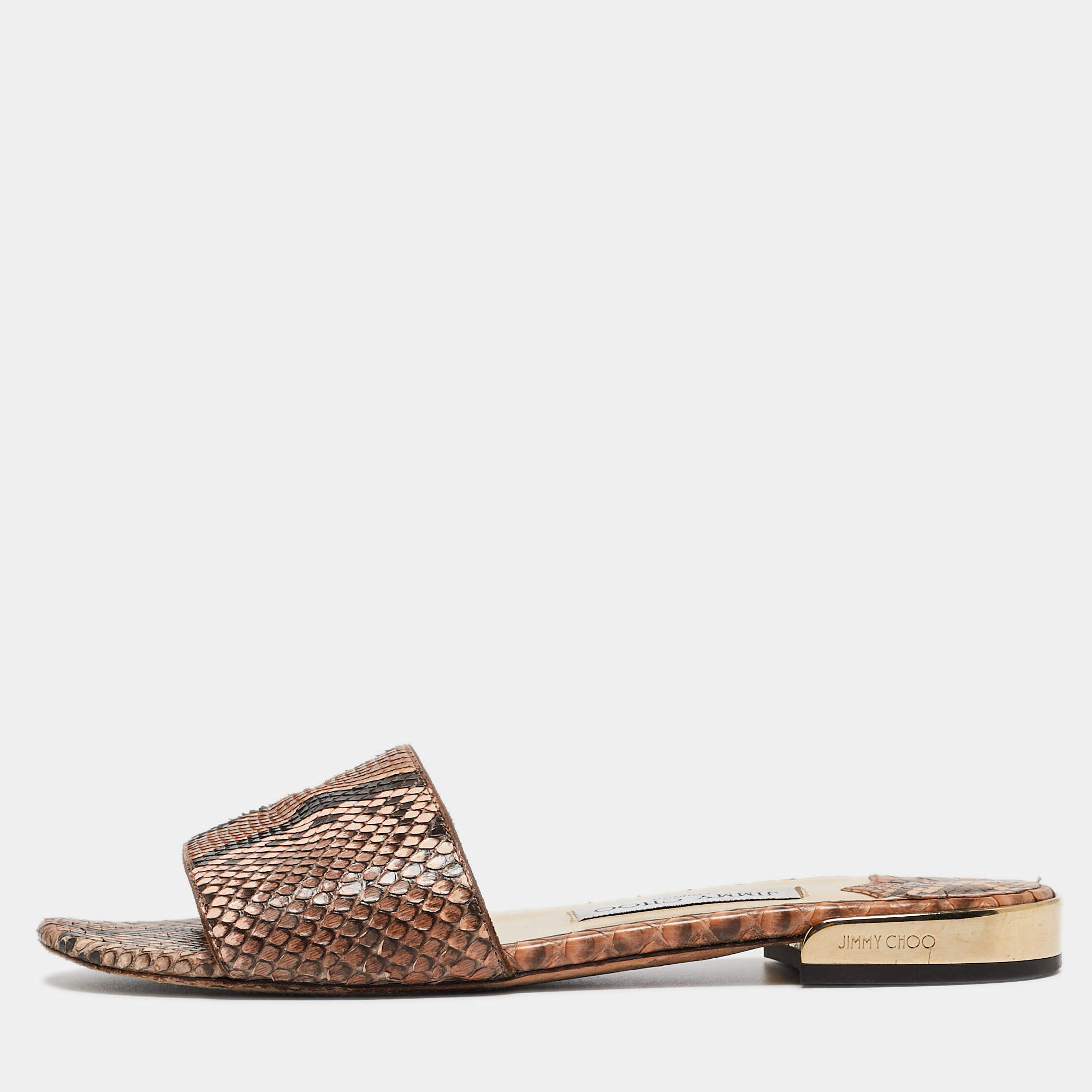 مملوكة مسبقًا Jimmy Choo Brown Python Slide Flats Size 38.5