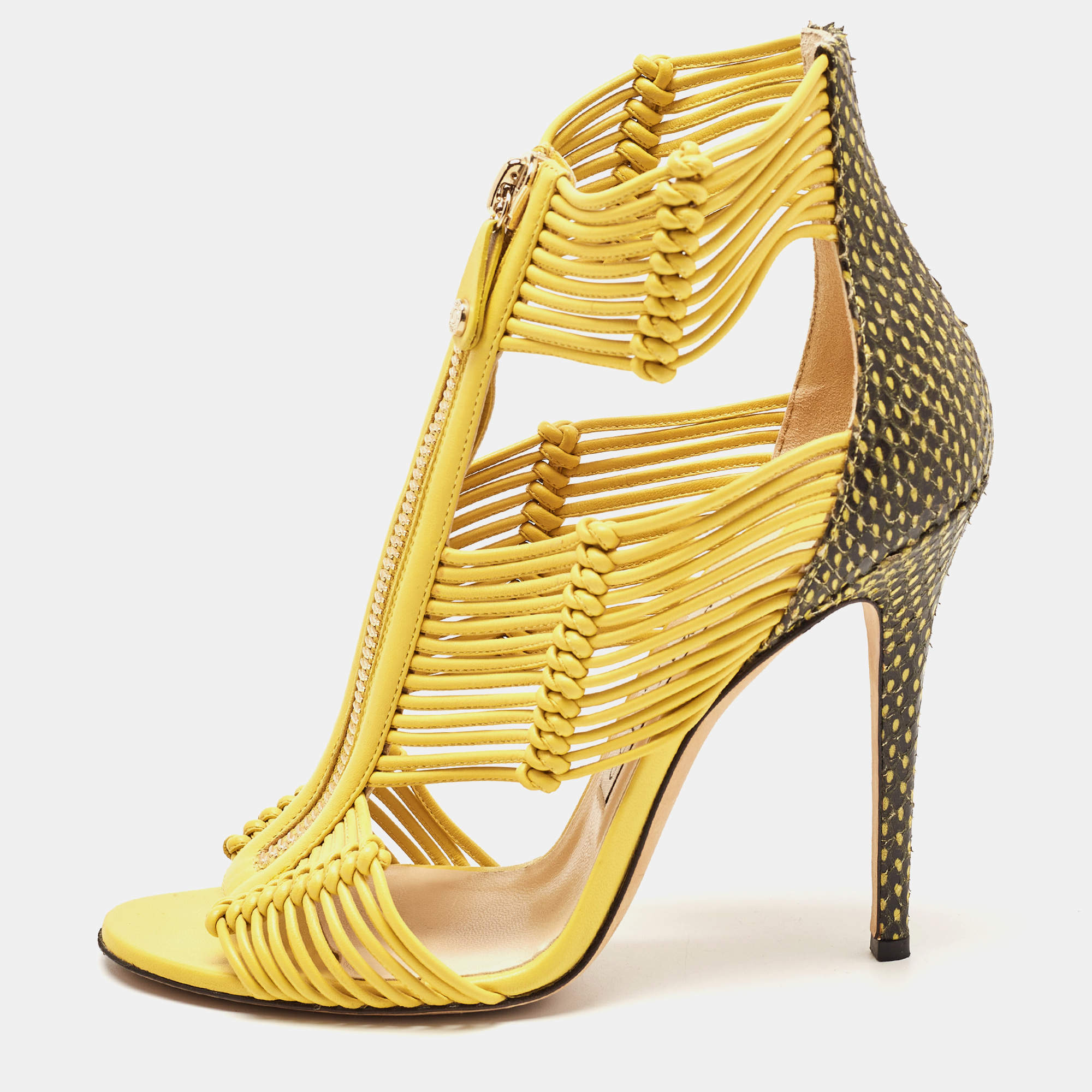 Pre Owned Jimmy Choo Yellow/Black Python and Leather Kattie Zip Front Strap Sandals Size 39.5