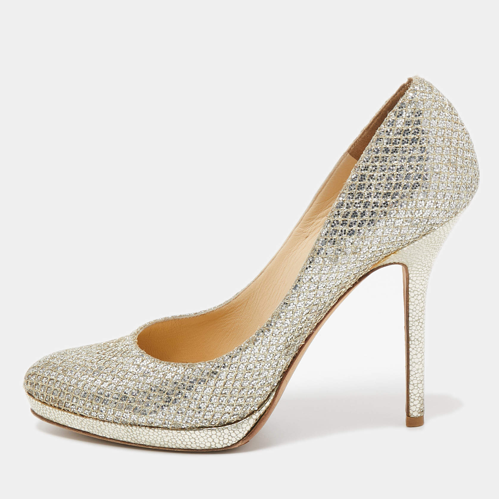 Jimmy Choo Silver/Gold Glitter Fabric Platform Pumps Size 36.5