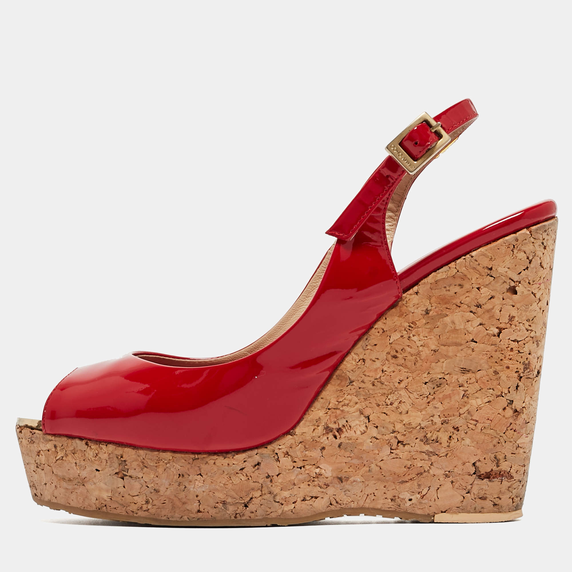 مملوكة مسبقًا Jimmy Choo Red Patent Leather Prova Wedge Sandals Size 39