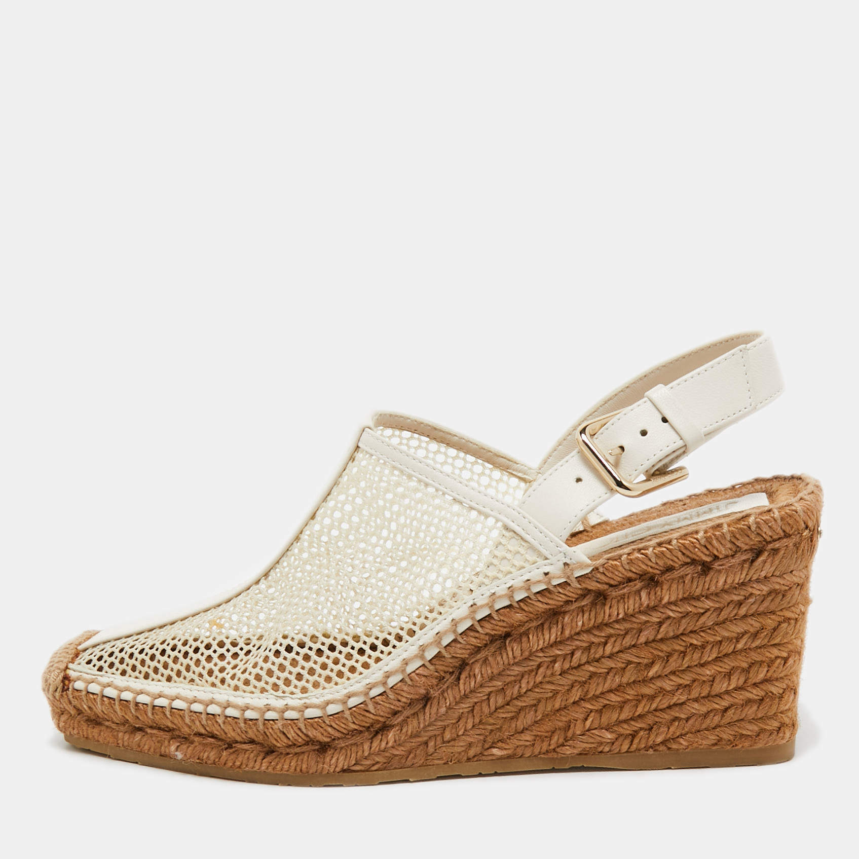 Pre Owned Jimmy Choo Cream/White Leather and Mesh Wedge Slingback Pumps Size 39