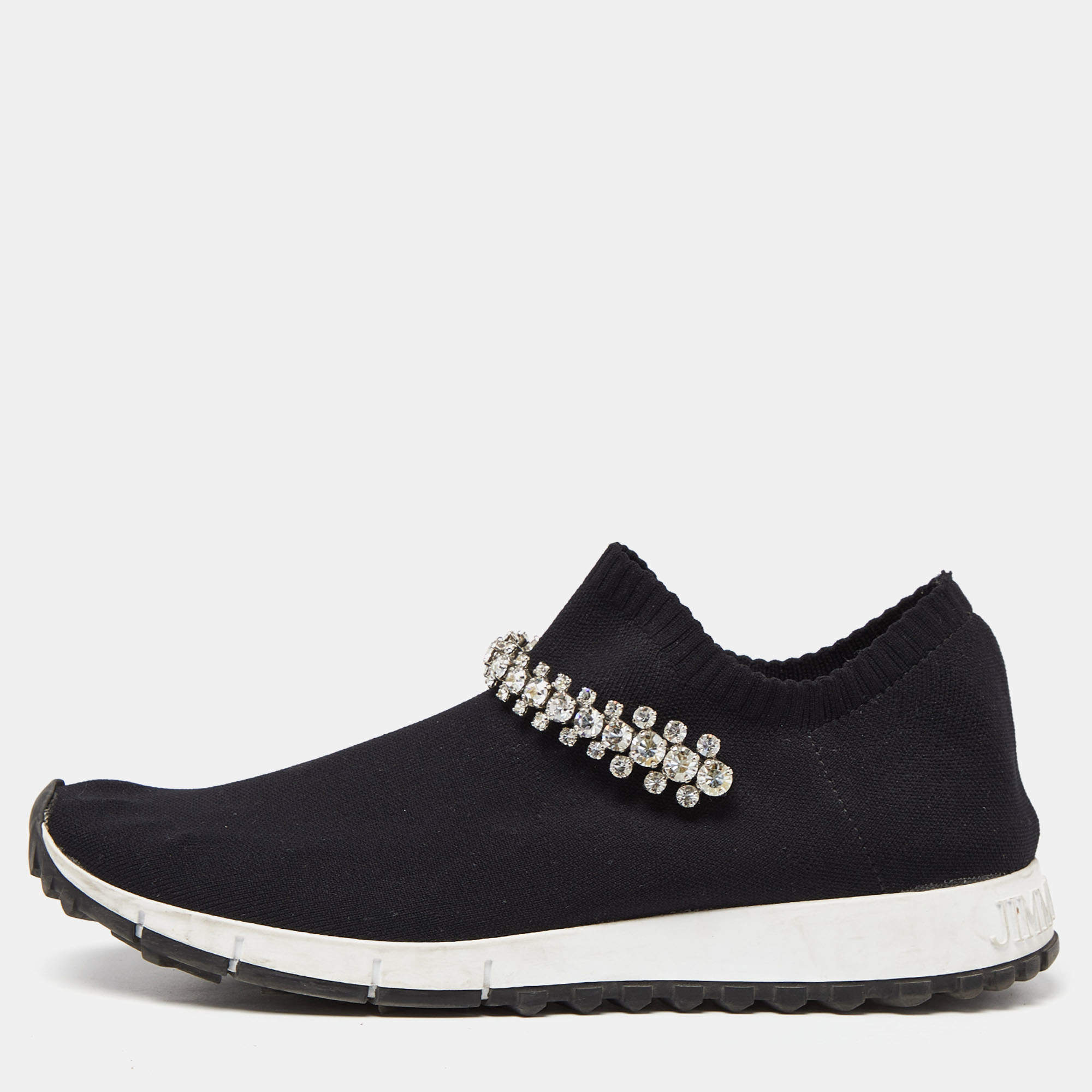 Pre Owned Jimmy Choo Black Knit Fabric Crystal Embellished Verona Sneakers Size 38