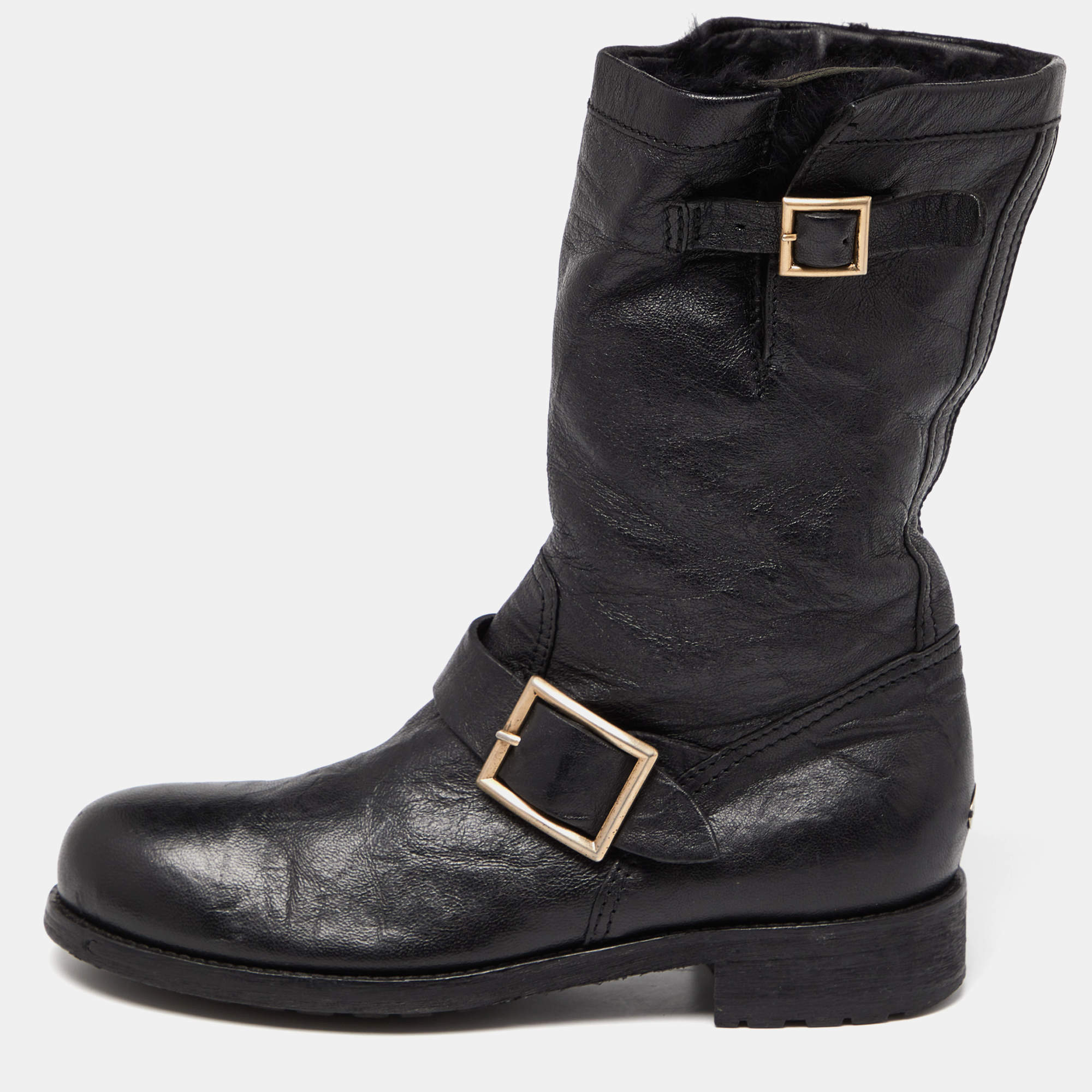 Pre Owned Jimmy Choo Black Leather Buckle Detail Mid Calf Biker Boots Size 38