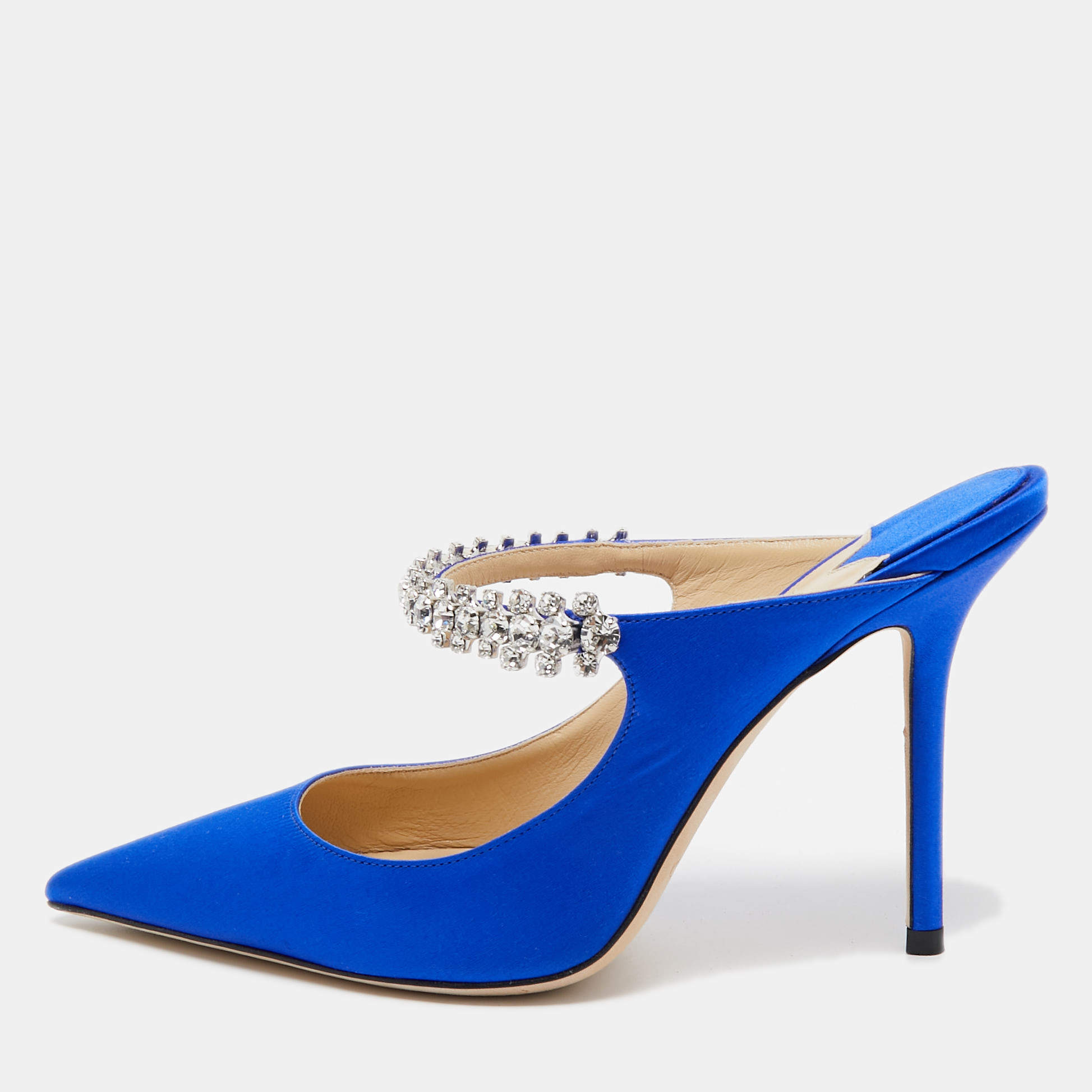 Pre Owned Jimmy Choo Blue Satin Crystal Embellished Bing Mules Size 37.5