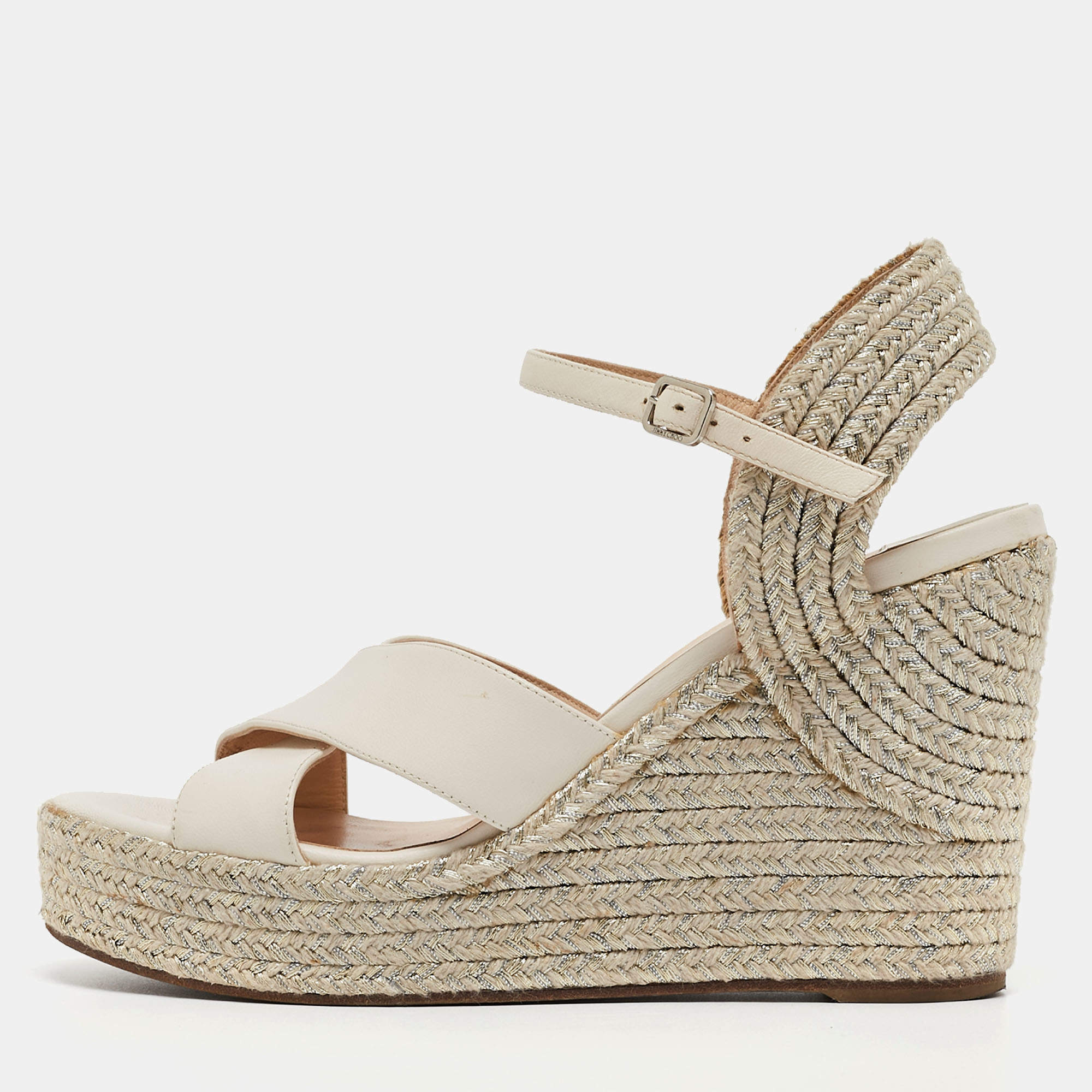 Pre Owned Jimmy Choo White Leather Dellena Espadrille Wedge Sandals Size 38