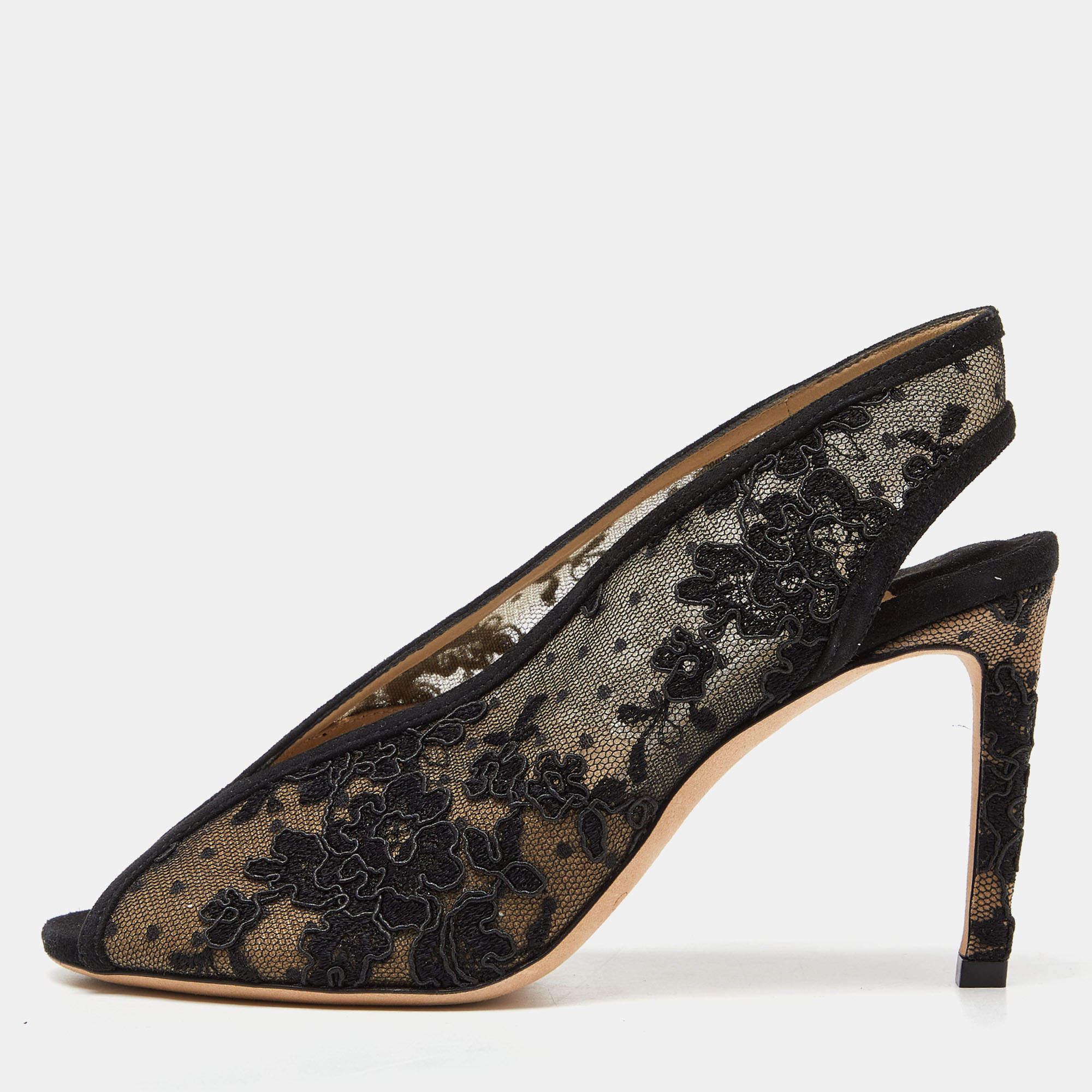 Pre Owned Jimmy Choo Black Lace and Mesh Shar Open-Toe Slingback Sandals Size 36