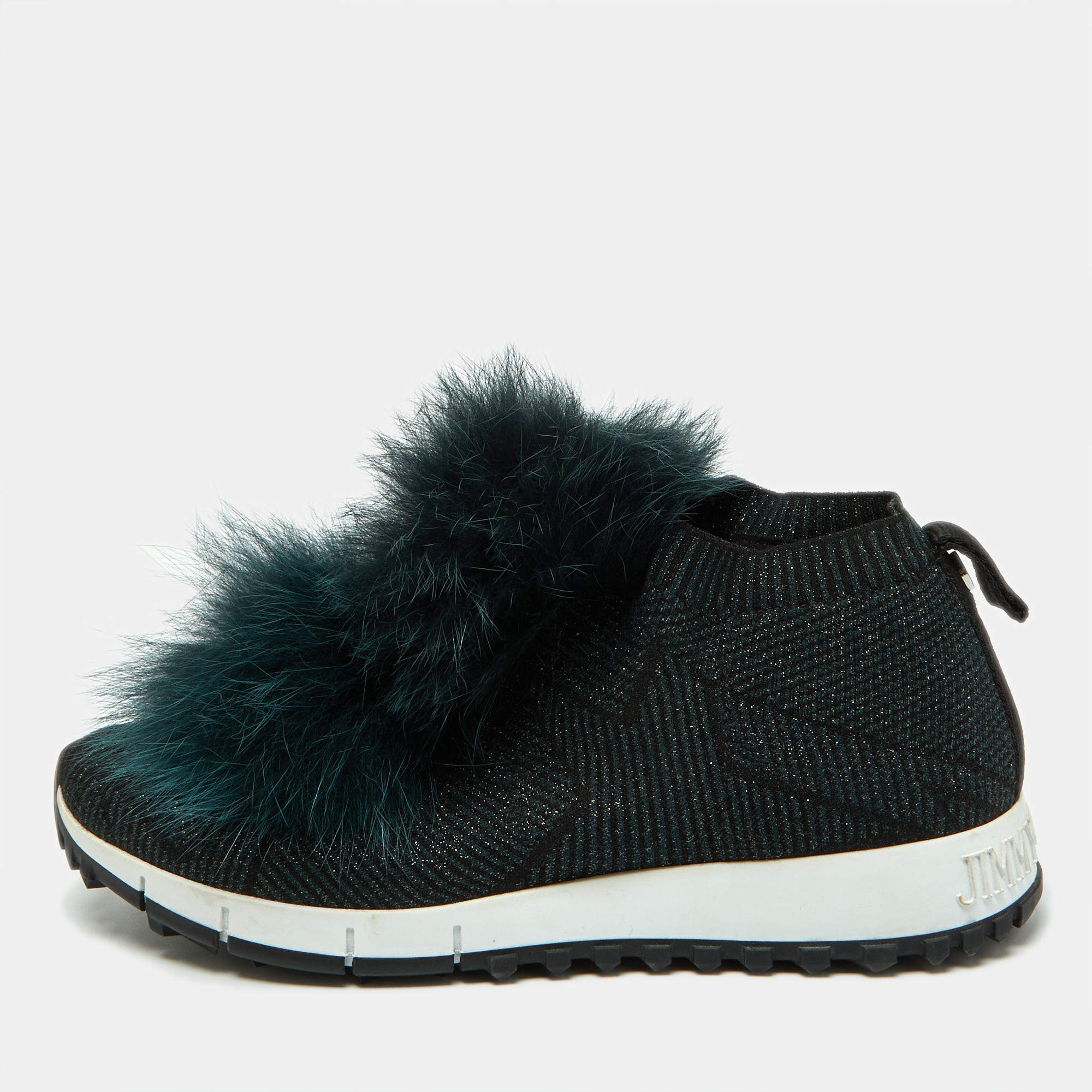 Jimmy Choo Deep Green Knit Fabric and Fur Pom Pom Norway Slip On Sneakers Size 35