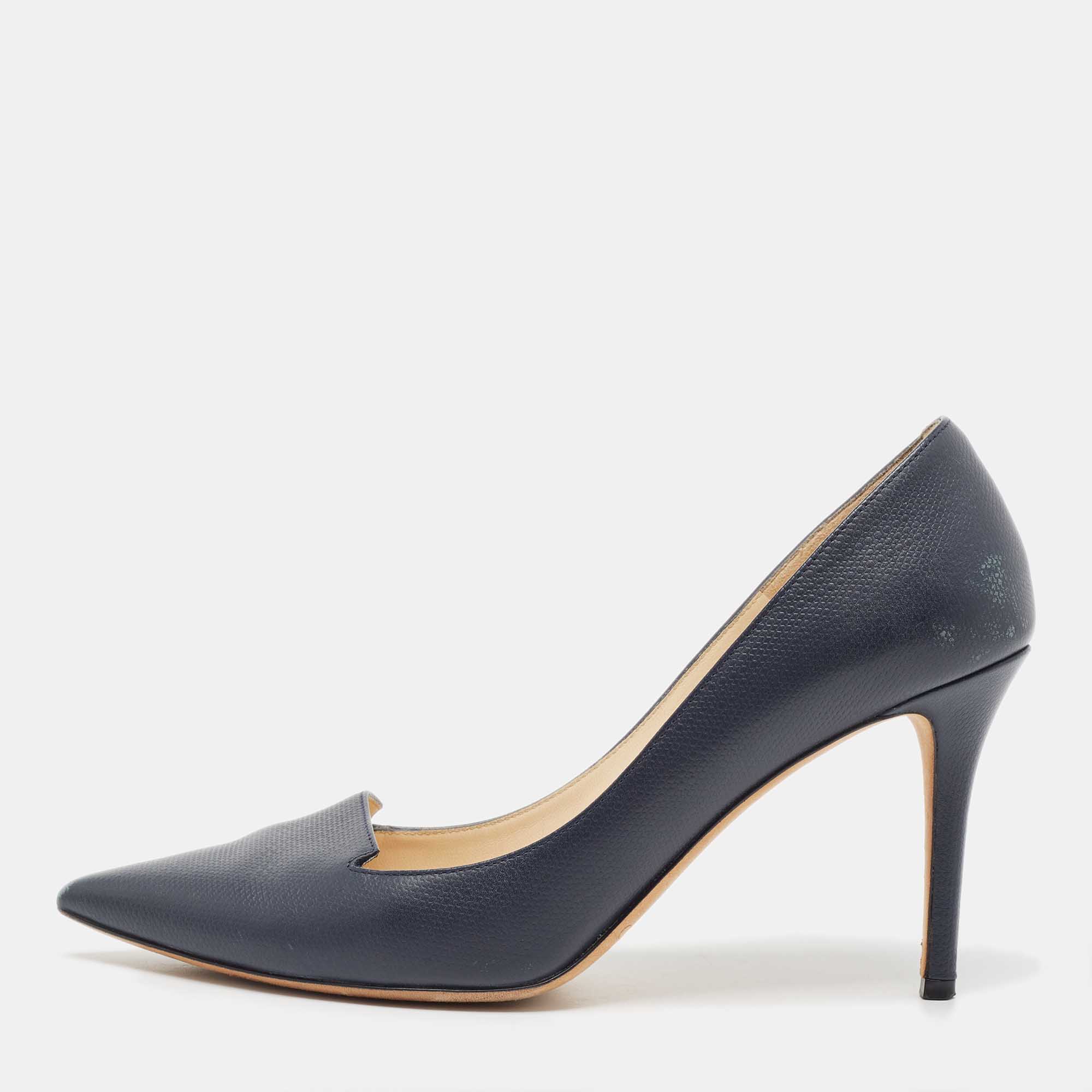 Pre Owned Jimmy Choo Dark Blue Leather Pointed Toe Pumps Size 38.5