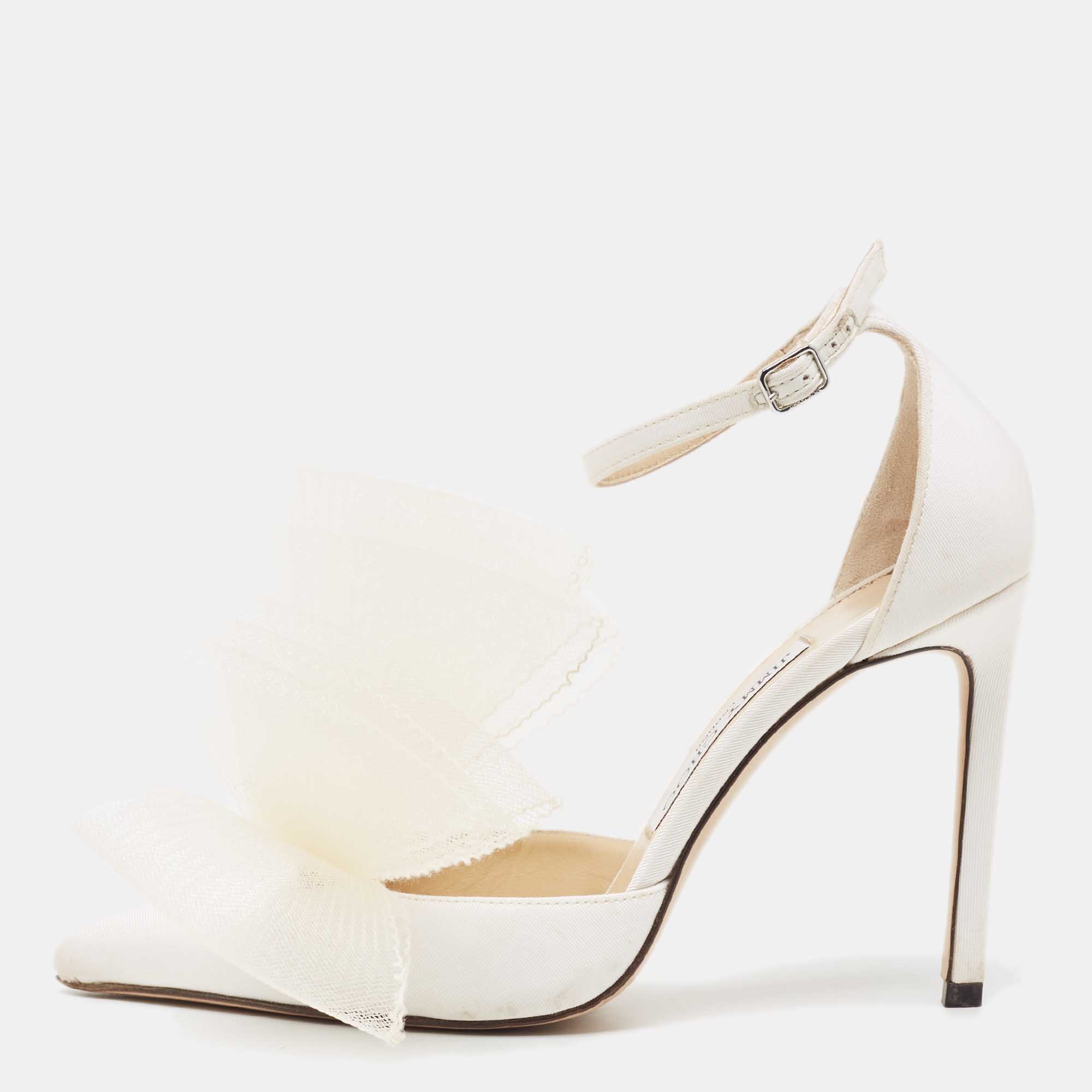 Pre Owned Jimmy Choo White Canvas and Mesh Aveline Bow Ankle Strap Pumps Size 37