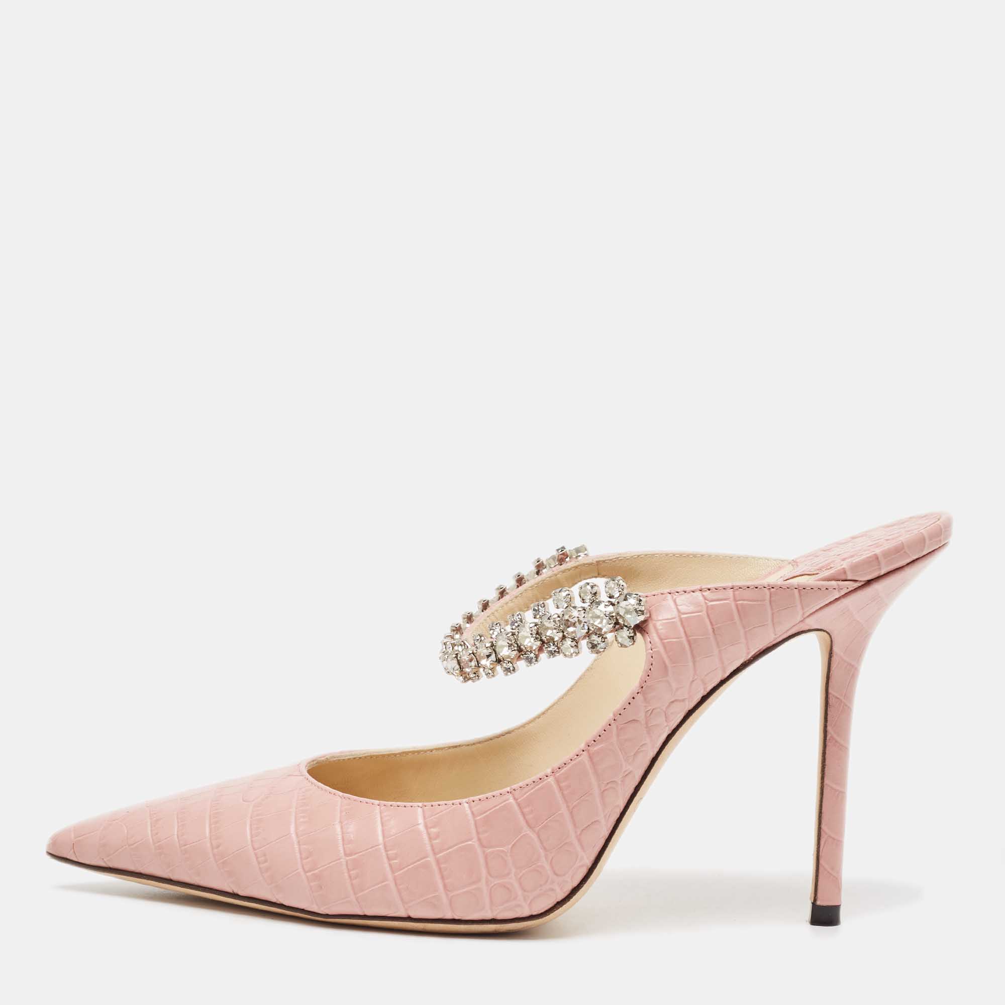 Jimmy Choo Pink Croc Embossed Leather Bing Mules Size 39