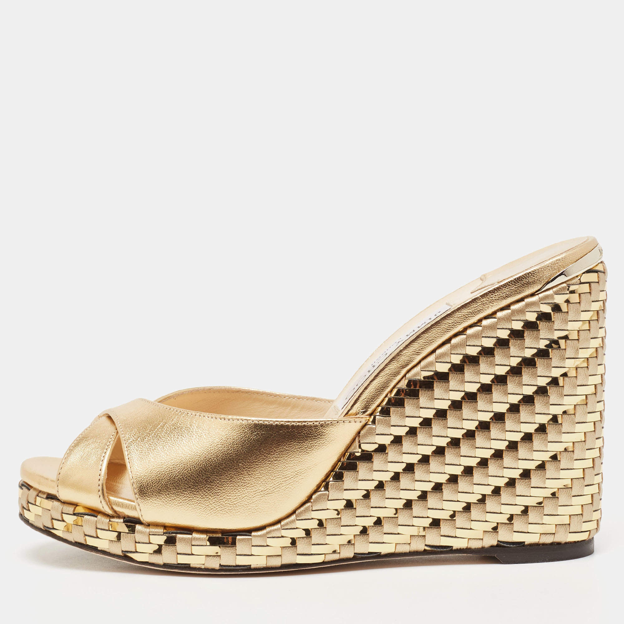 Pre Owned Jimmy Choo Gold Leather Almer Wedge Sandals Size 38