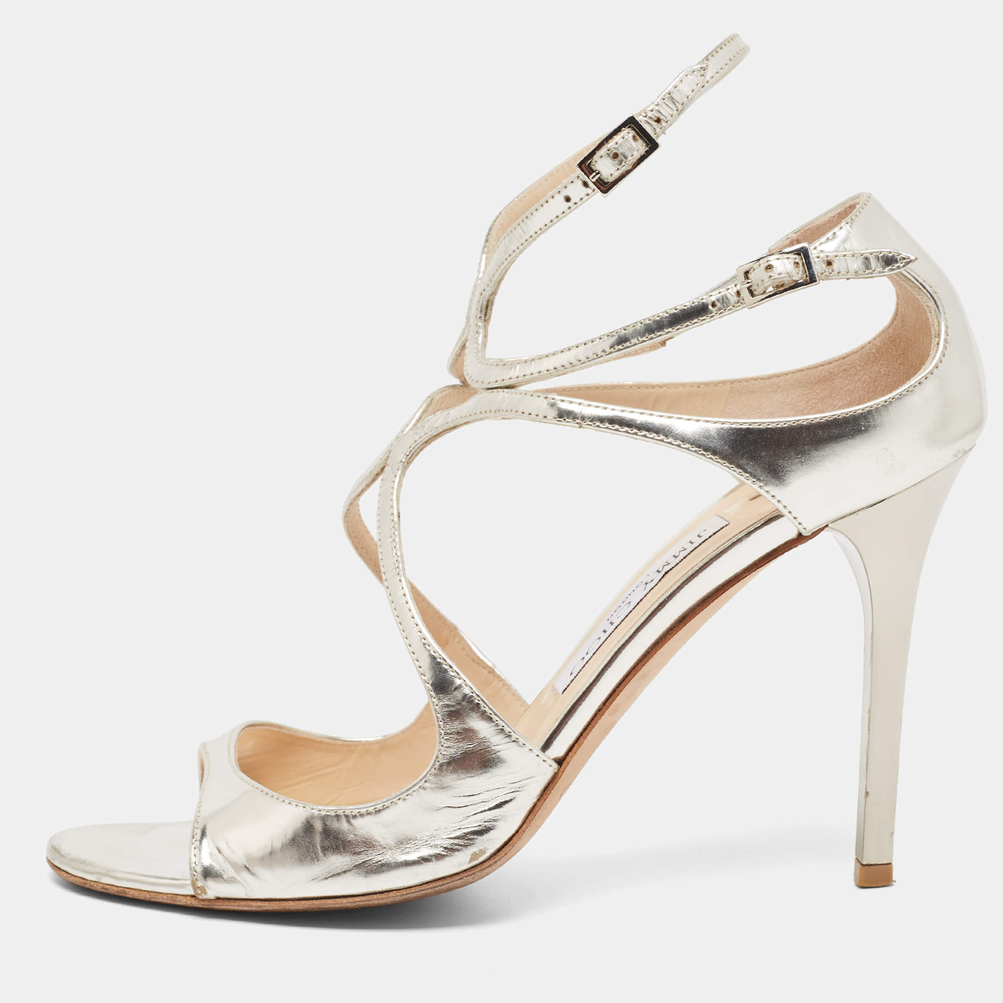 Jimmy Choo Metallic Silver Foil Leather Lang Strappy Sandals Size 39