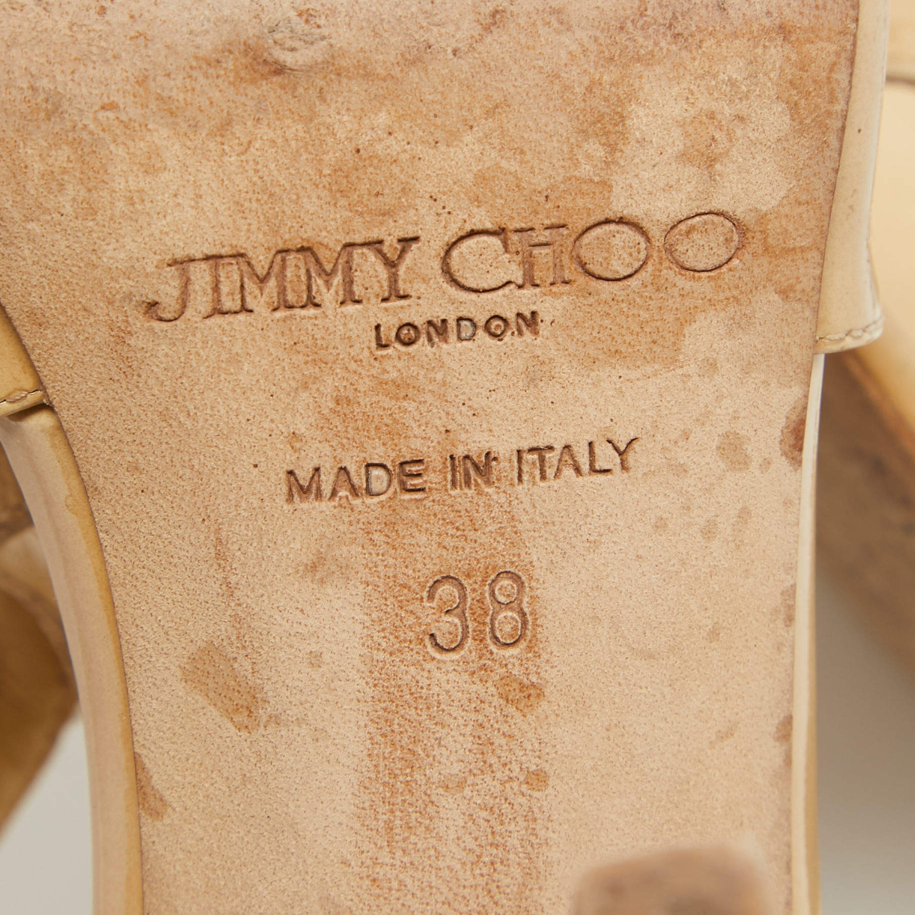 Pre Owned Jimmy Choo Beige Patent Leather Lance Ankle Strap Sandals Size 38