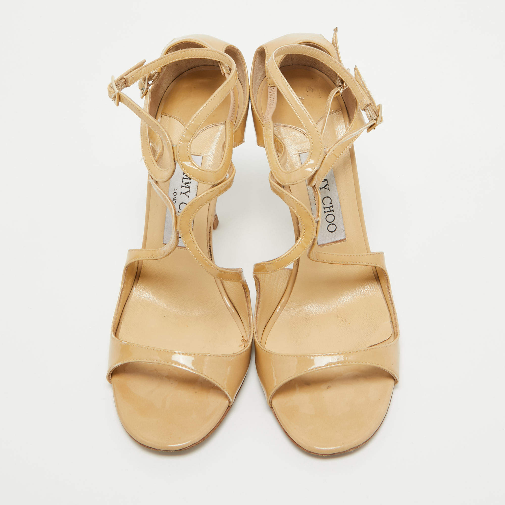 Pre Owned Jimmy Choo Beige Patent Leather Lance Ankle Strap Sandals Size 38