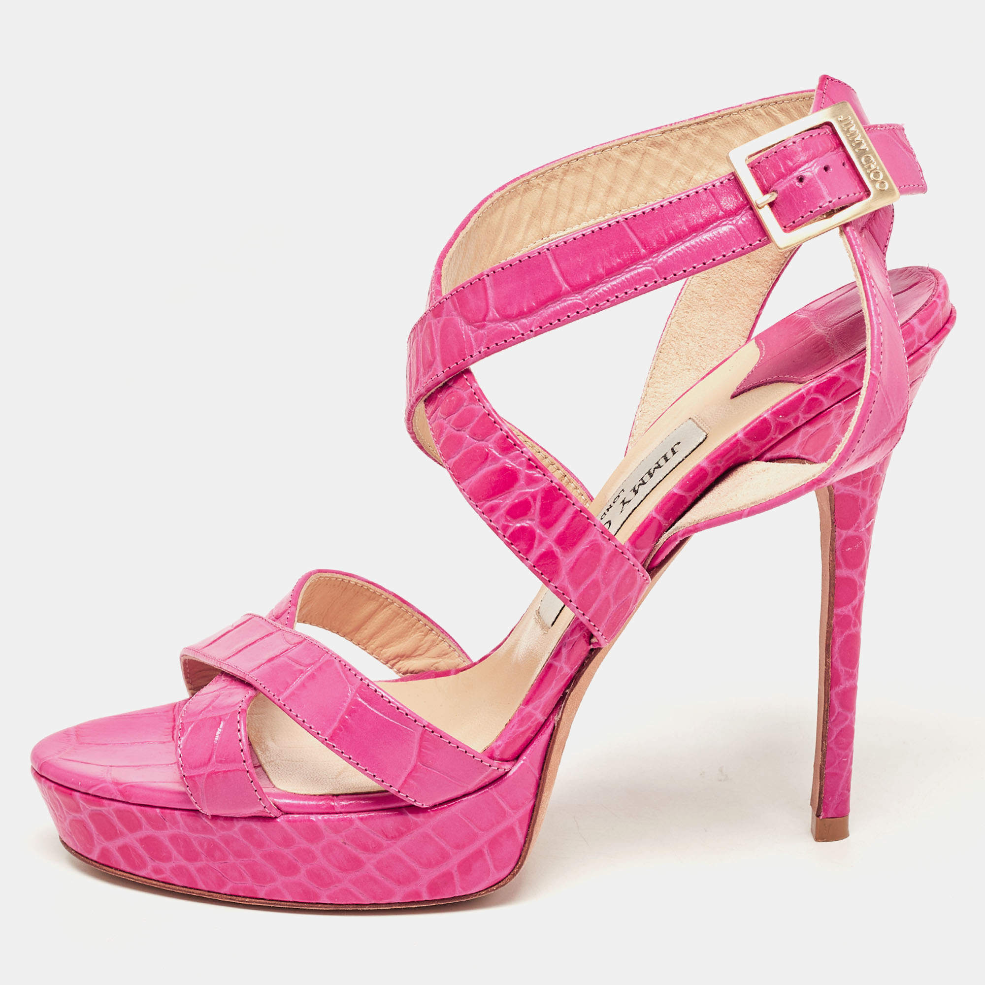 Pre Owned Jimmy Choo Pink Croc Embossed Leather Strappy Lottie Ankle Strap Sandals Size 39