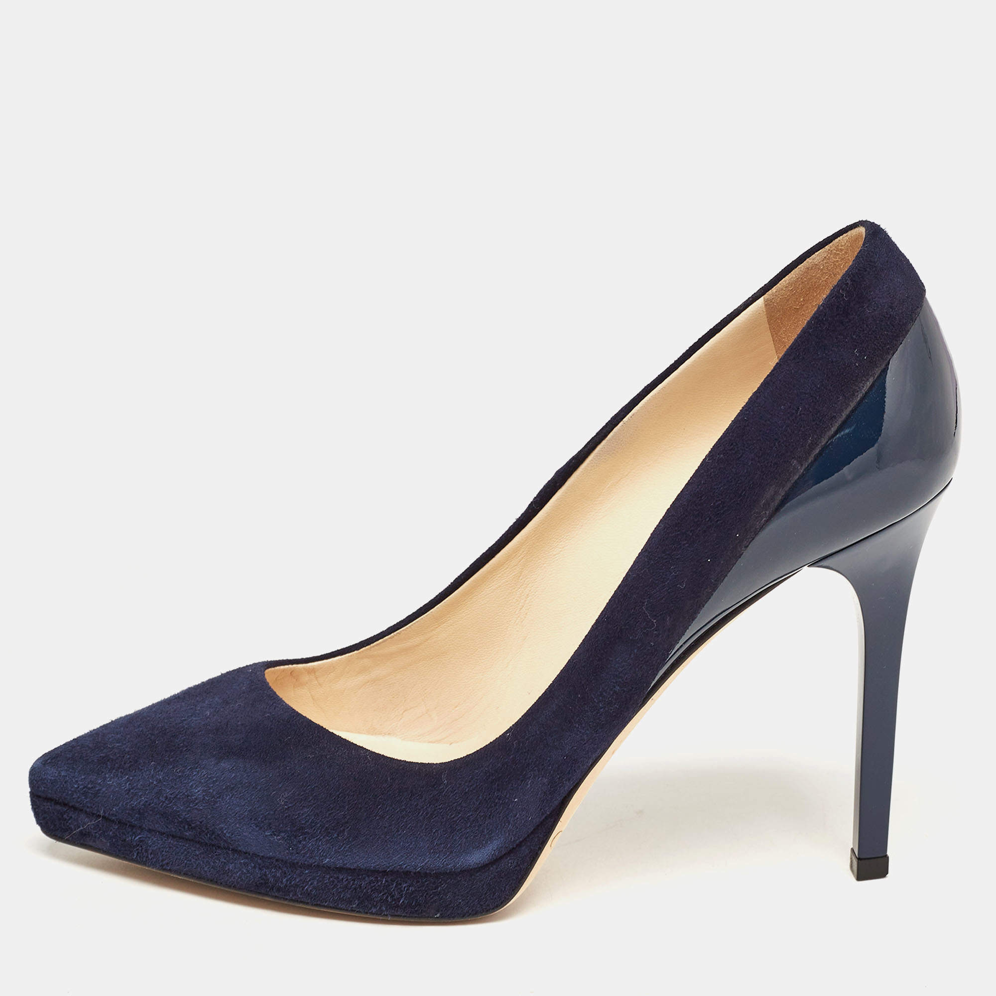 Pre Owned Jimmy Choo Navy Blue Suede and Patent Rudy Pumps Size 36.5
