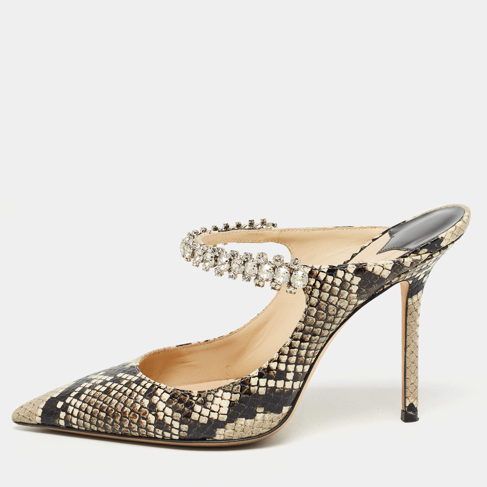 Pre Owned Jimmy Choo Grey/Black Python Embossed Leather Bing Mules Size 38