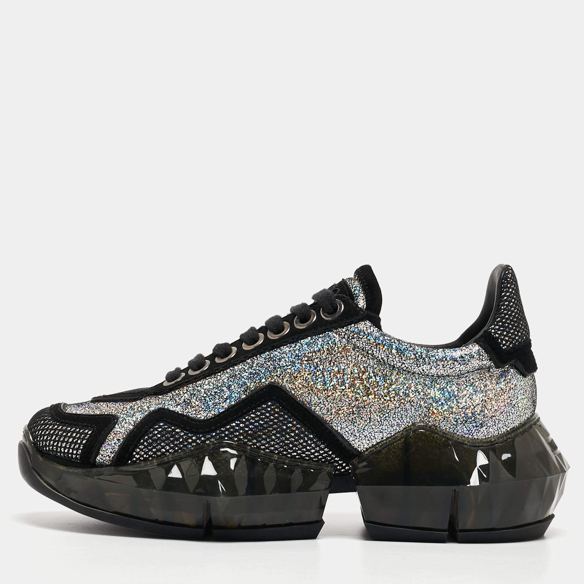 Pre Owned Jimmy Choo Silver/Black Laminated Suede and Mesh Diamond Sneakers Size 36