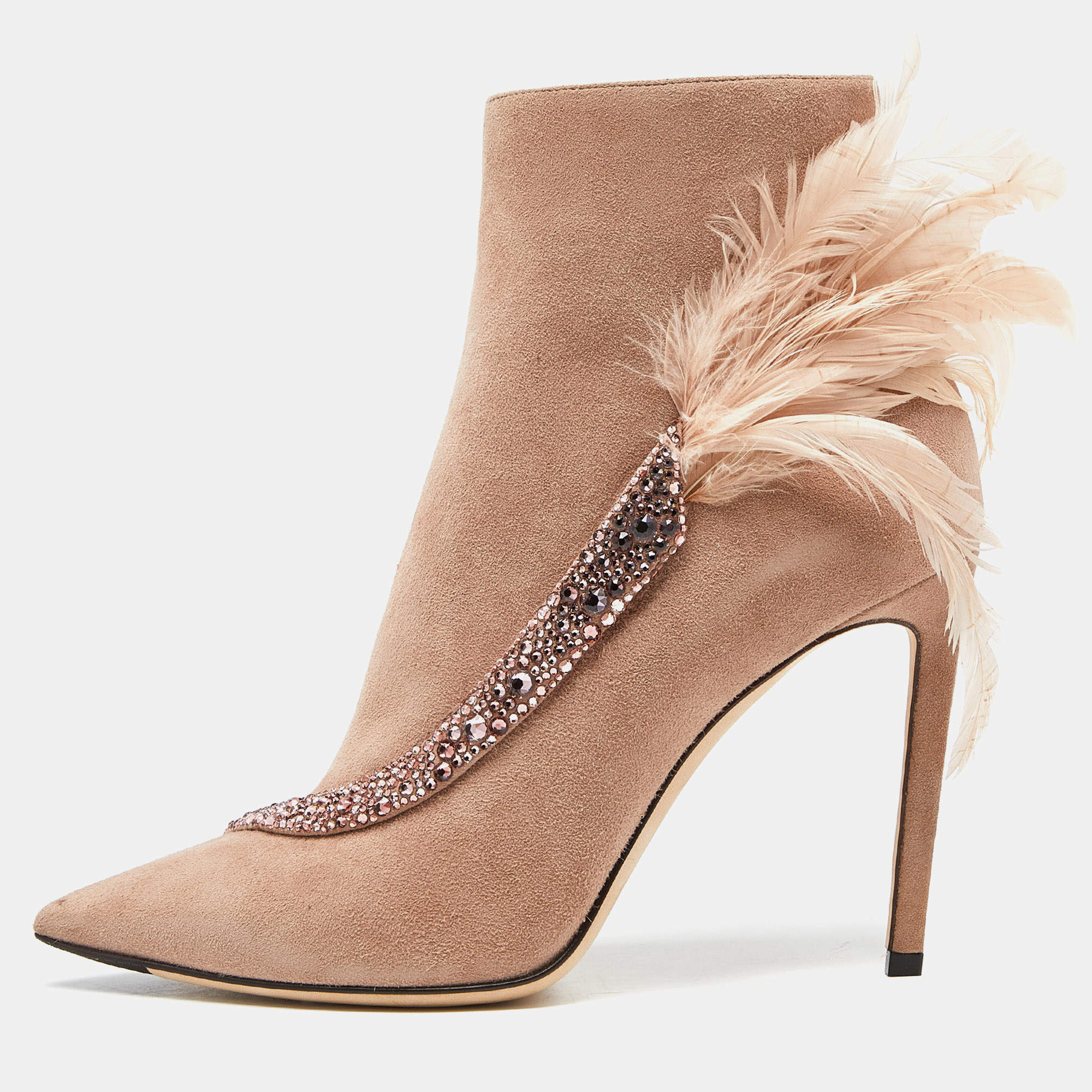 Jimmy Choo Pink Suede and Feather Crystal Embellished Ankle Boots Size 39