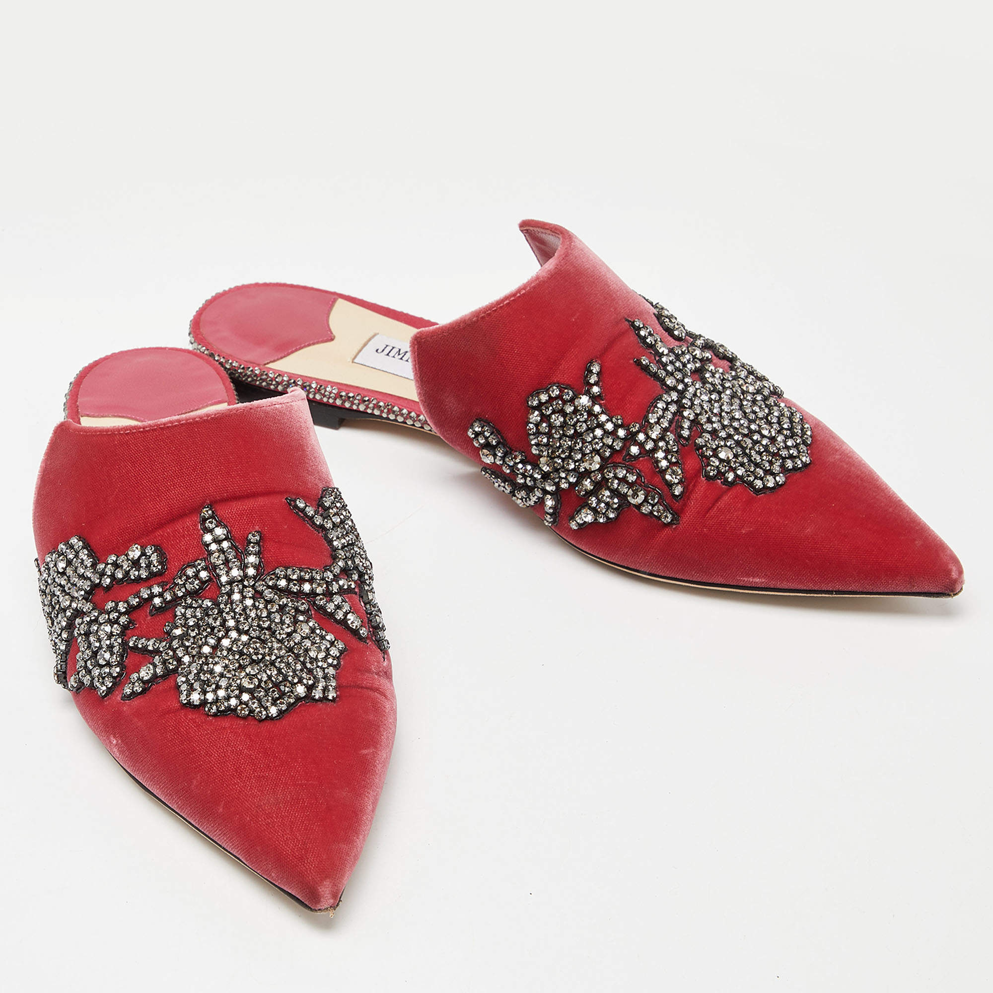 Pre Owned Jimmy Choo Pink Velvet Crystal Embellished Mules  Size 39