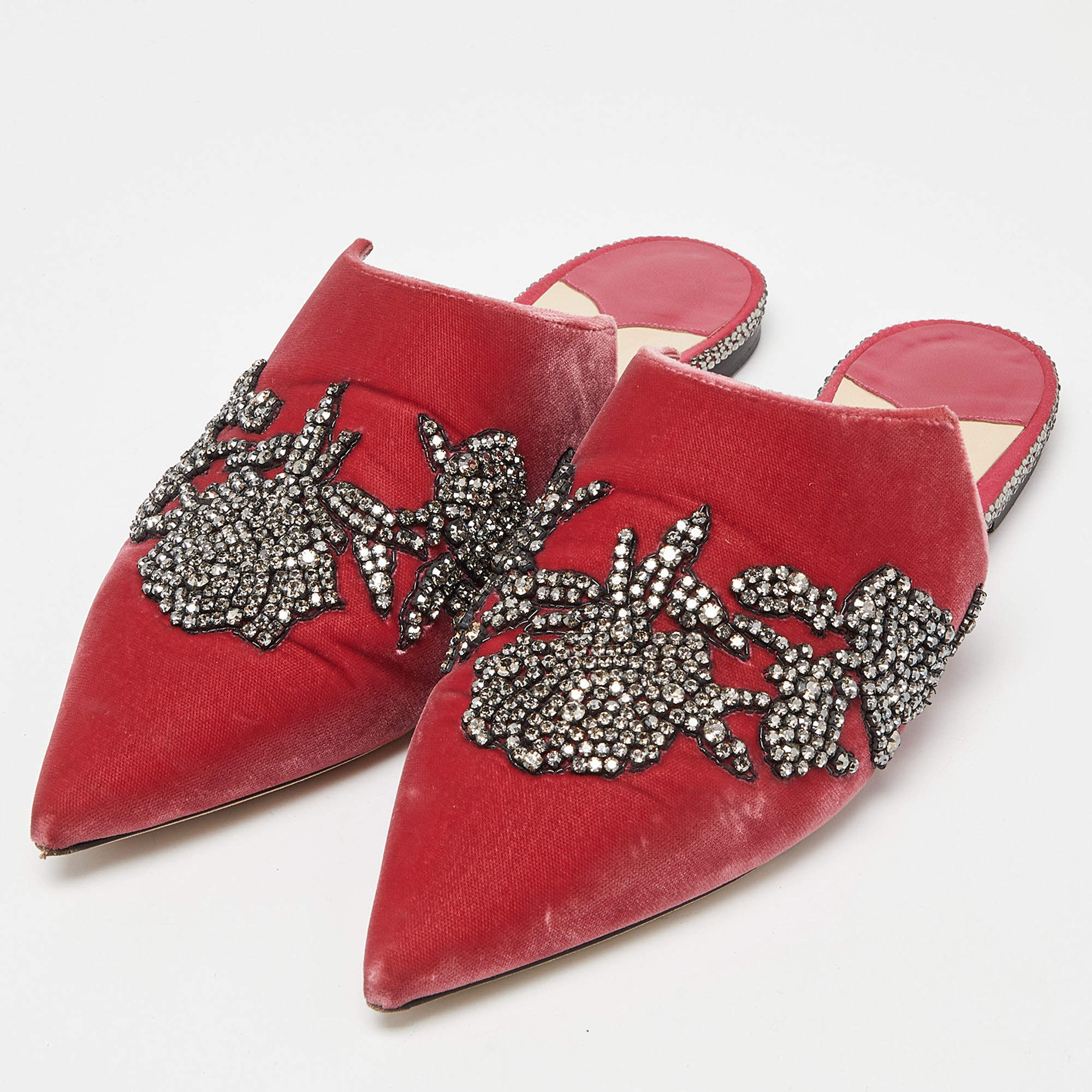 Pre Owned Jimmy Choo Pink Velvet Crystal Embellished Mules  Size 39