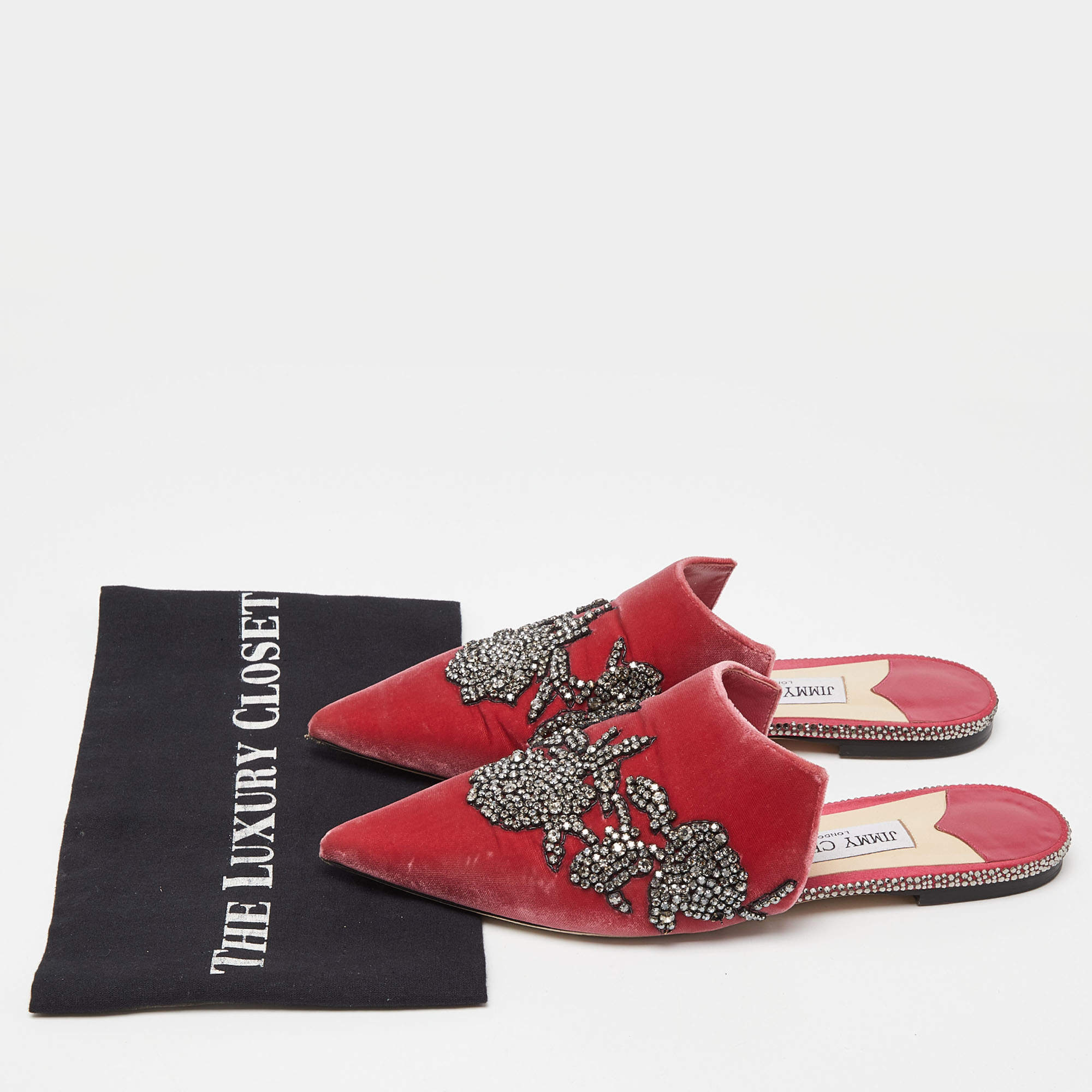 Pre Owned Jimmy Choo Pink Velvet Crystal Embellished Mules  Size 39