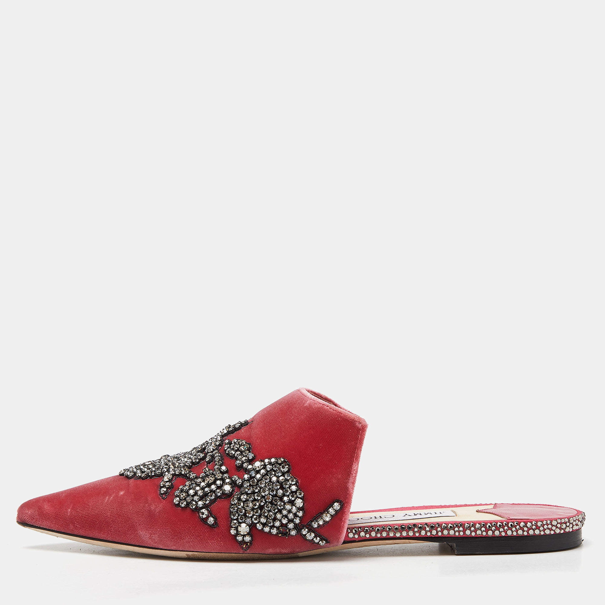 Pre Owned Jimmy Choo Pink Velvet Crystal Embellished Mules  Size 39