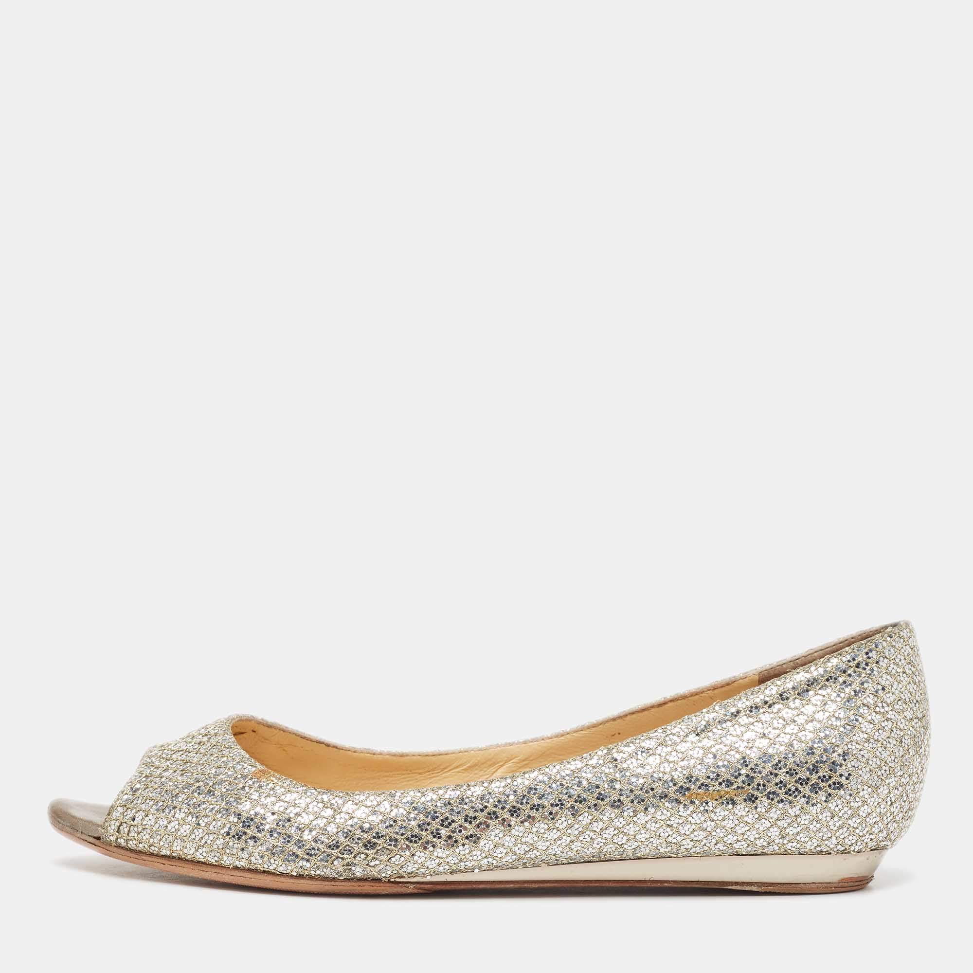 Jimmy Choo Gold/Silver Glitter Fabric Open Toe Flats Size 38