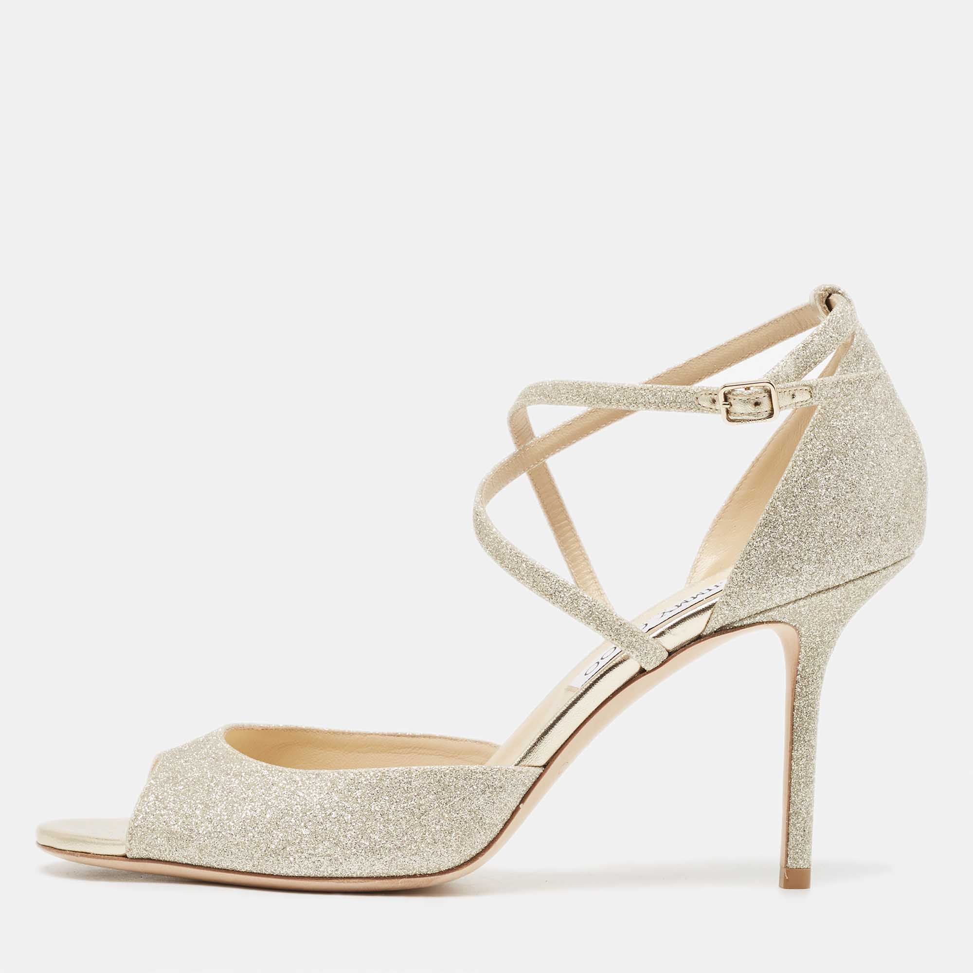 Pre Owned Jimmy Choo Silver Glitter Ankle Strap Sandals Size 42