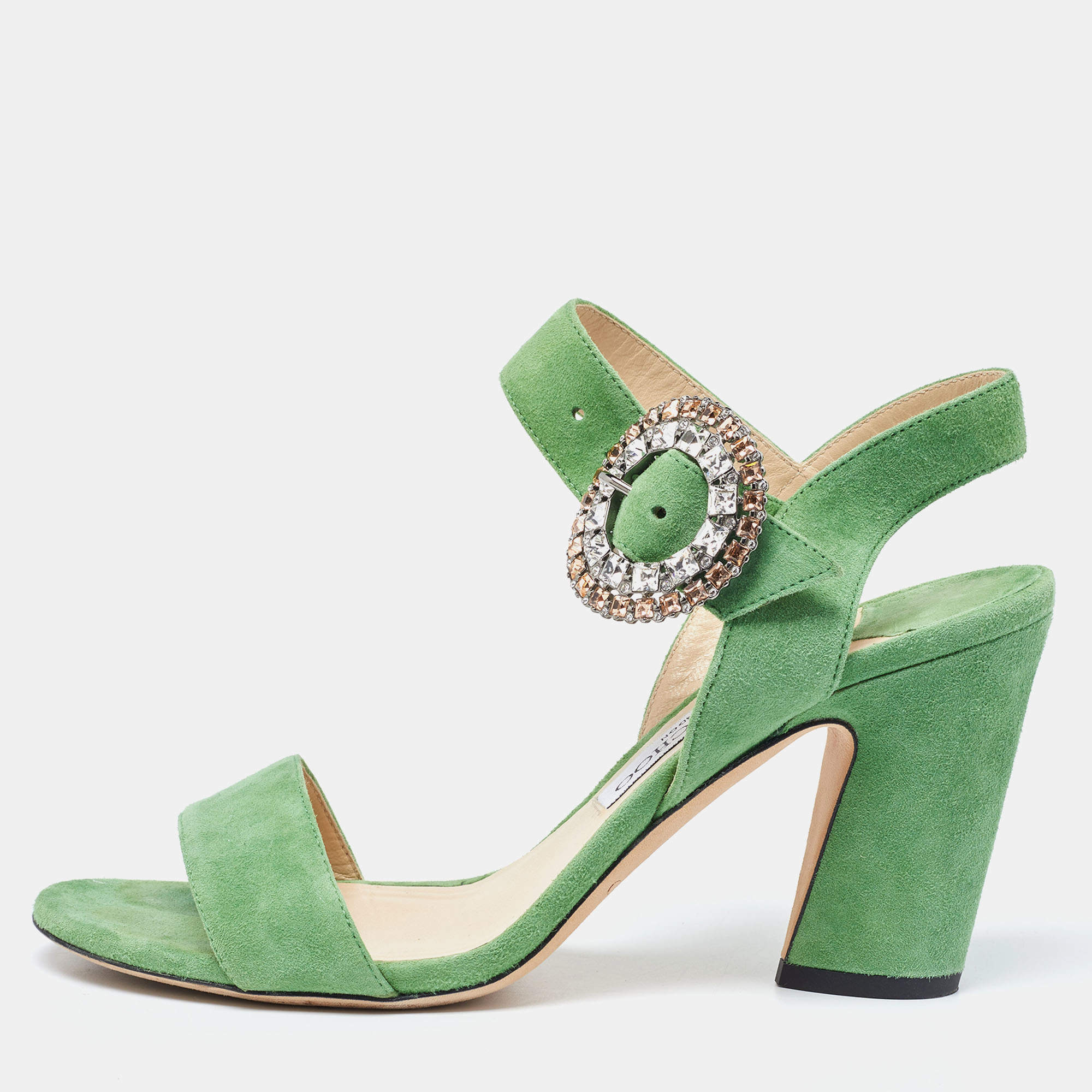 Pre Owned Jimmy Choo Green Suede Ankle Strap Sandals Size 38.5